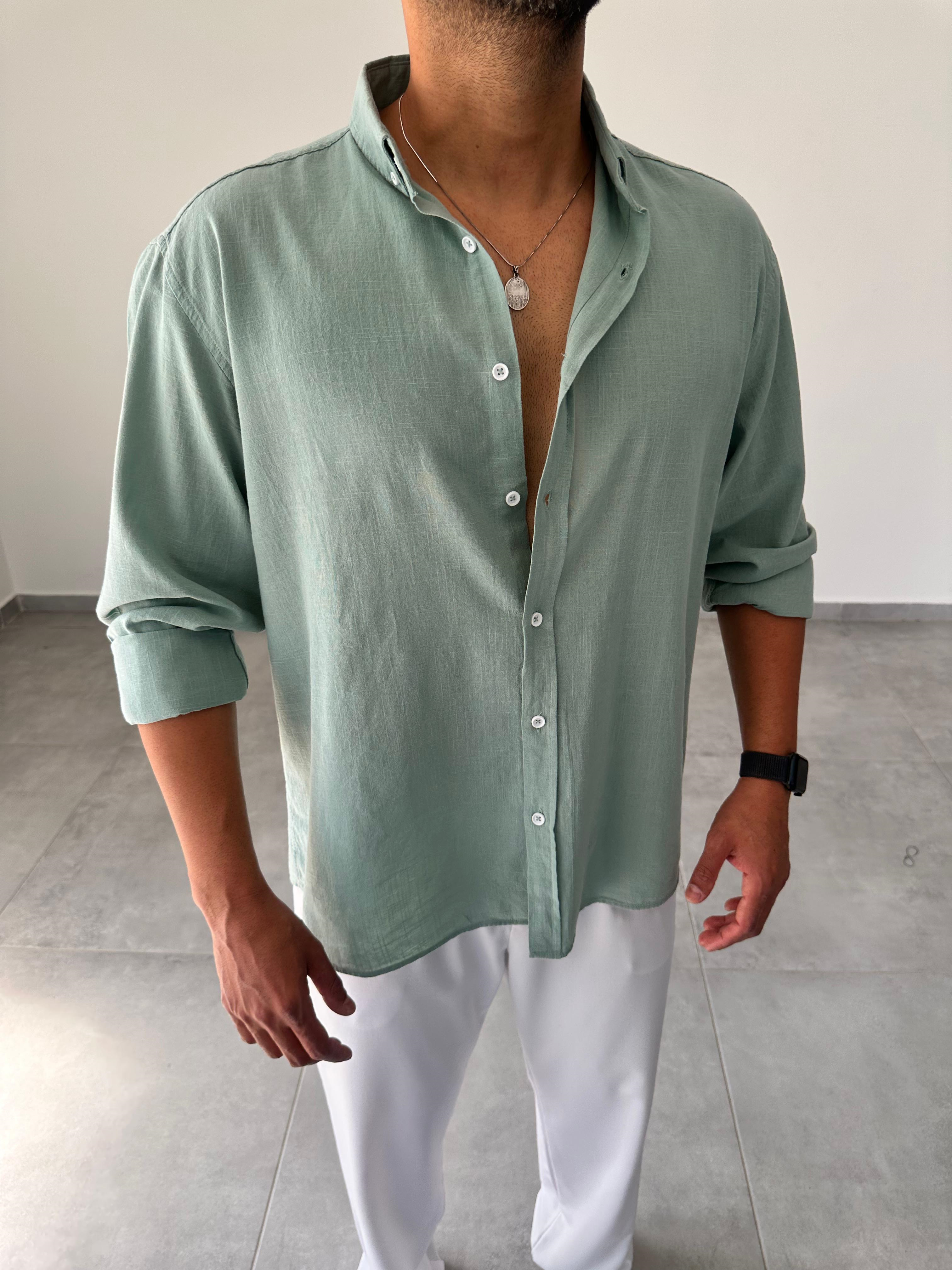 Mint Yeşili Oversize Kesim Fresh Keten Gömlek