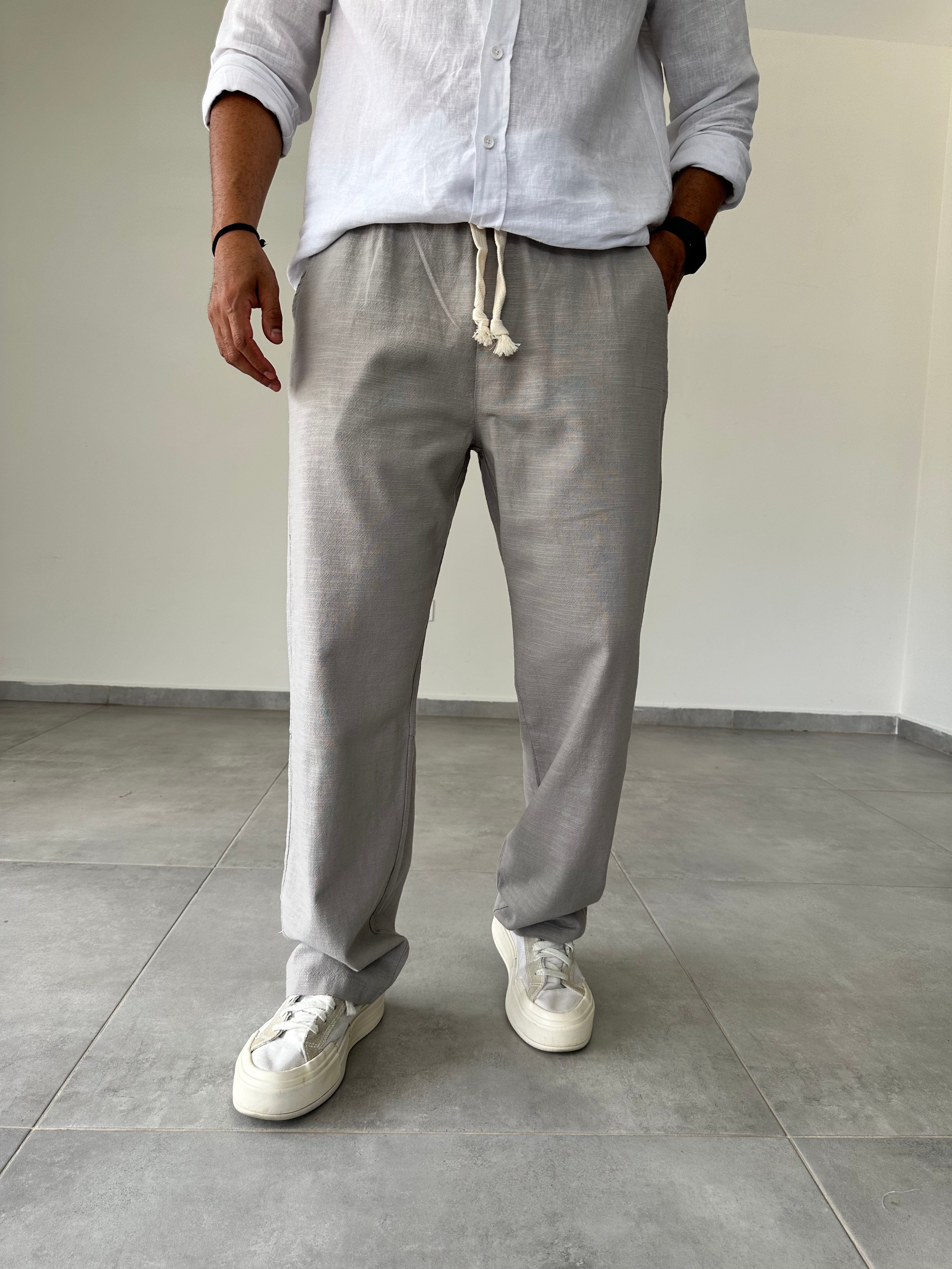 Gri Renk Bel Kısmı Lastikli Rahat Kesim Keten Baggy Pantolon