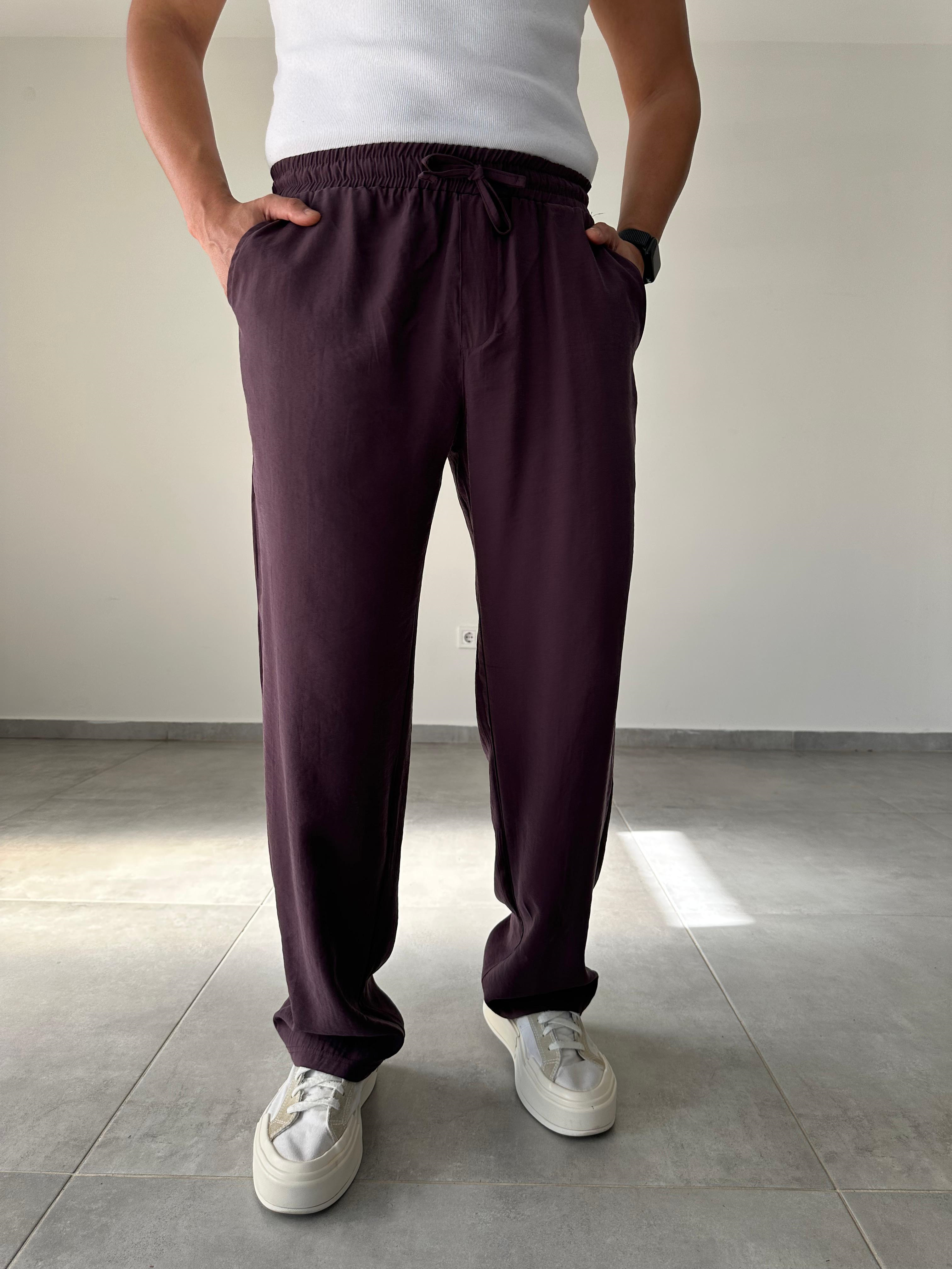 Modal Kumaş Mürdüm Renk Bel Kısmı Lastikli Basic Baggy Pantolon