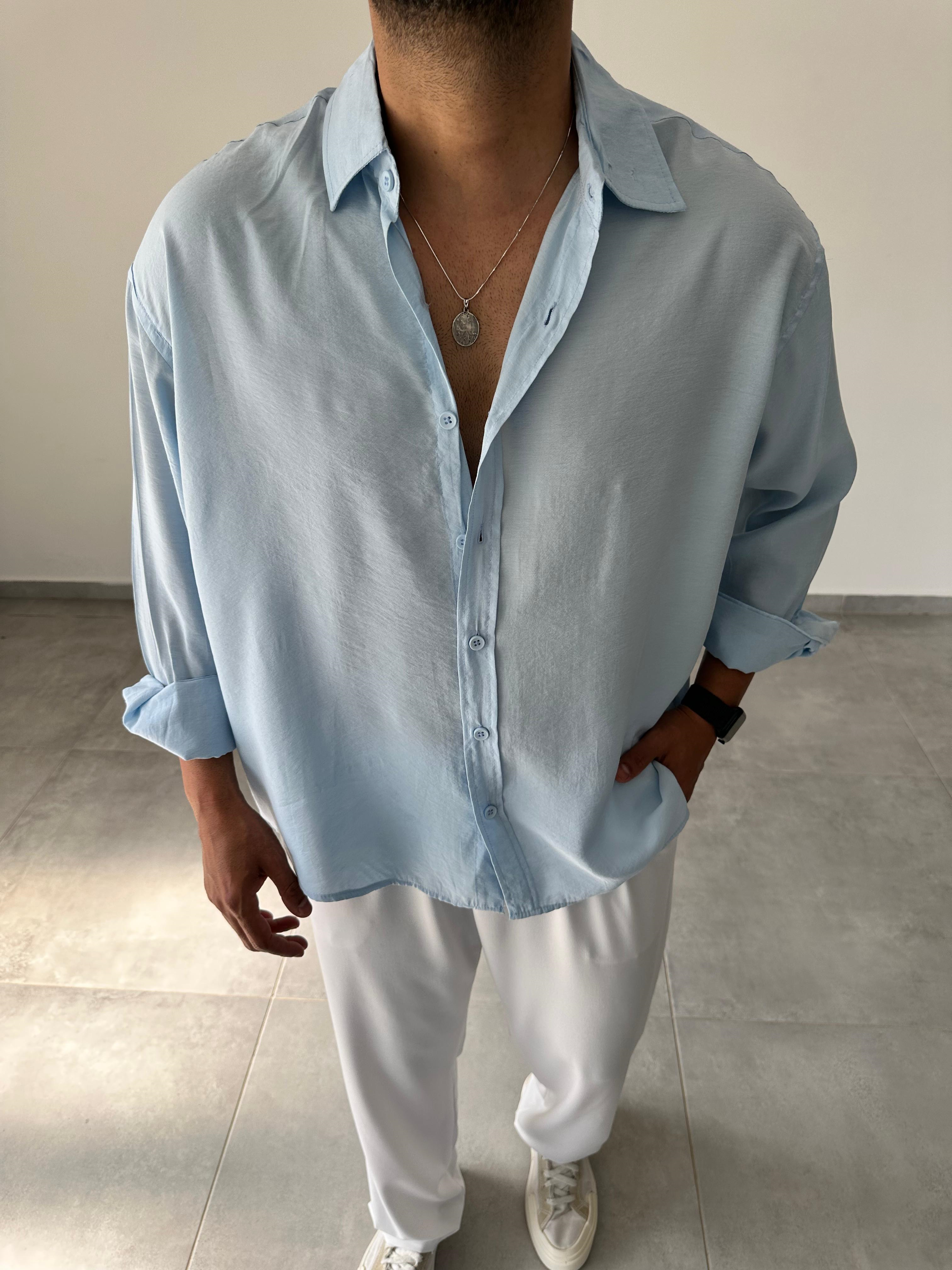 Bebe Mavisi Renk Modal Kumaş Oversize Kesim Basic Gömlek