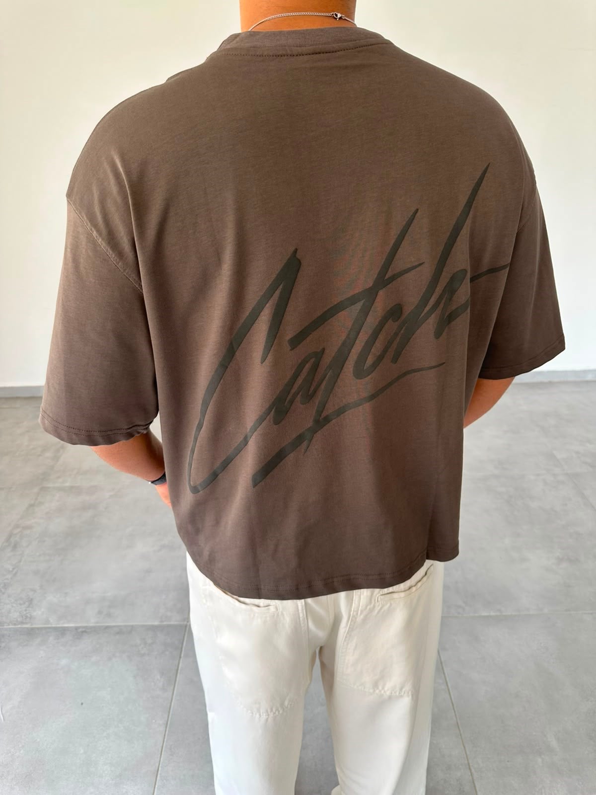 Kahve Renk Catch Baskılı Crop Fit Oversize T-Shirt