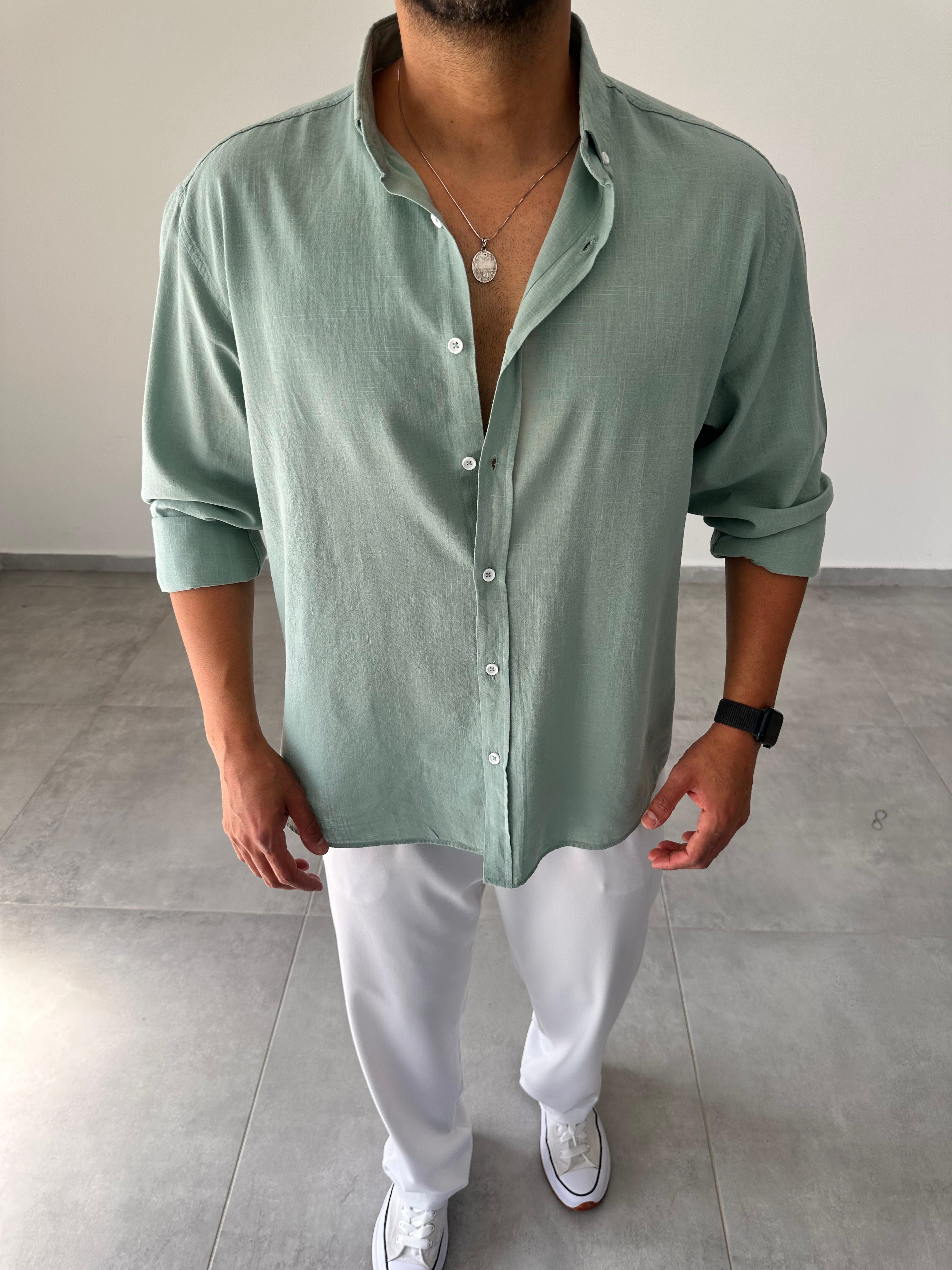 Mint Yeşili Oversize Kesim Fresh Keten Gömlek