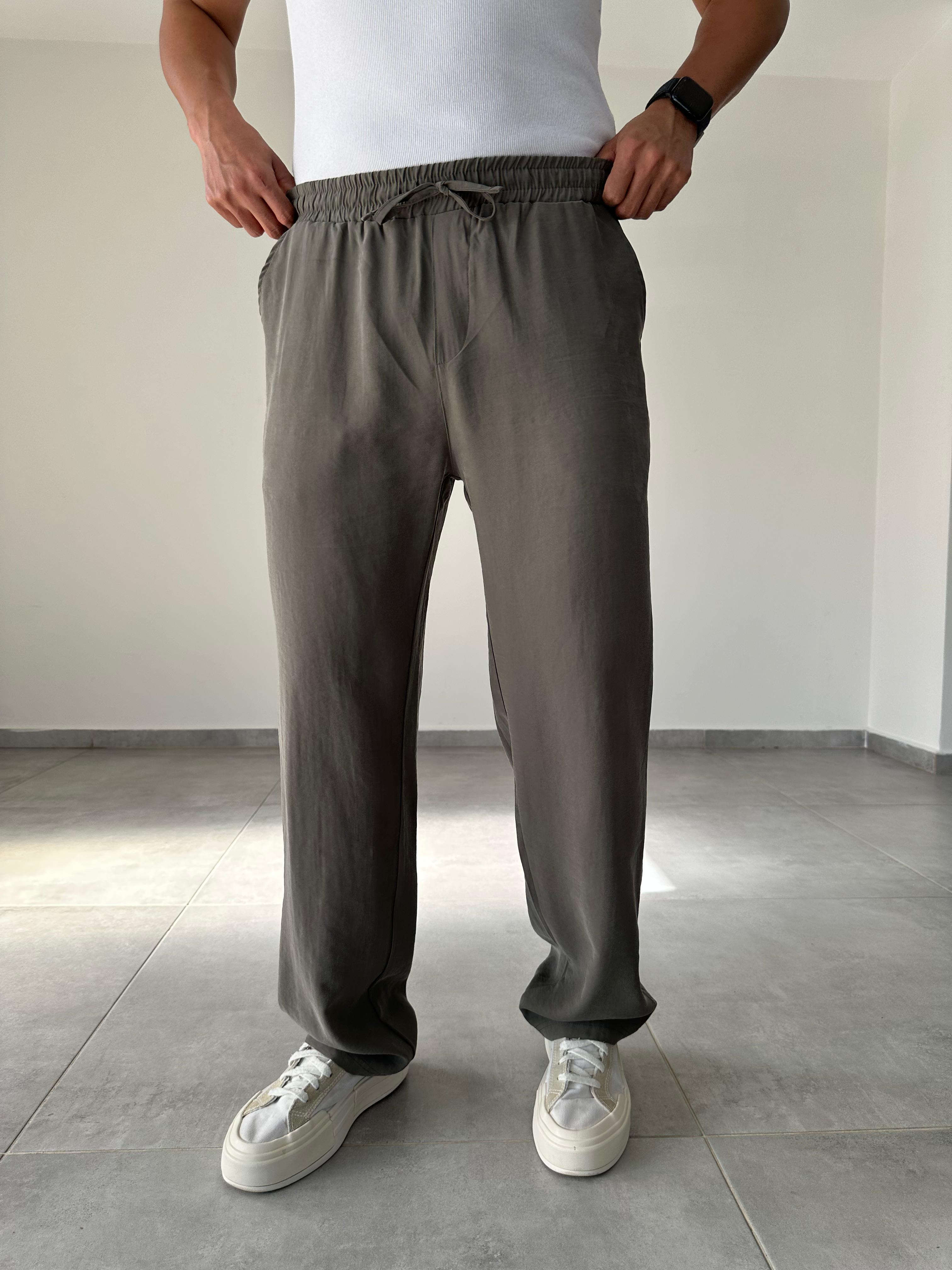 Modal Kumaş Haki Yeşil Renk Bel Kısmı Lastikli Basic Baggy Pantolon