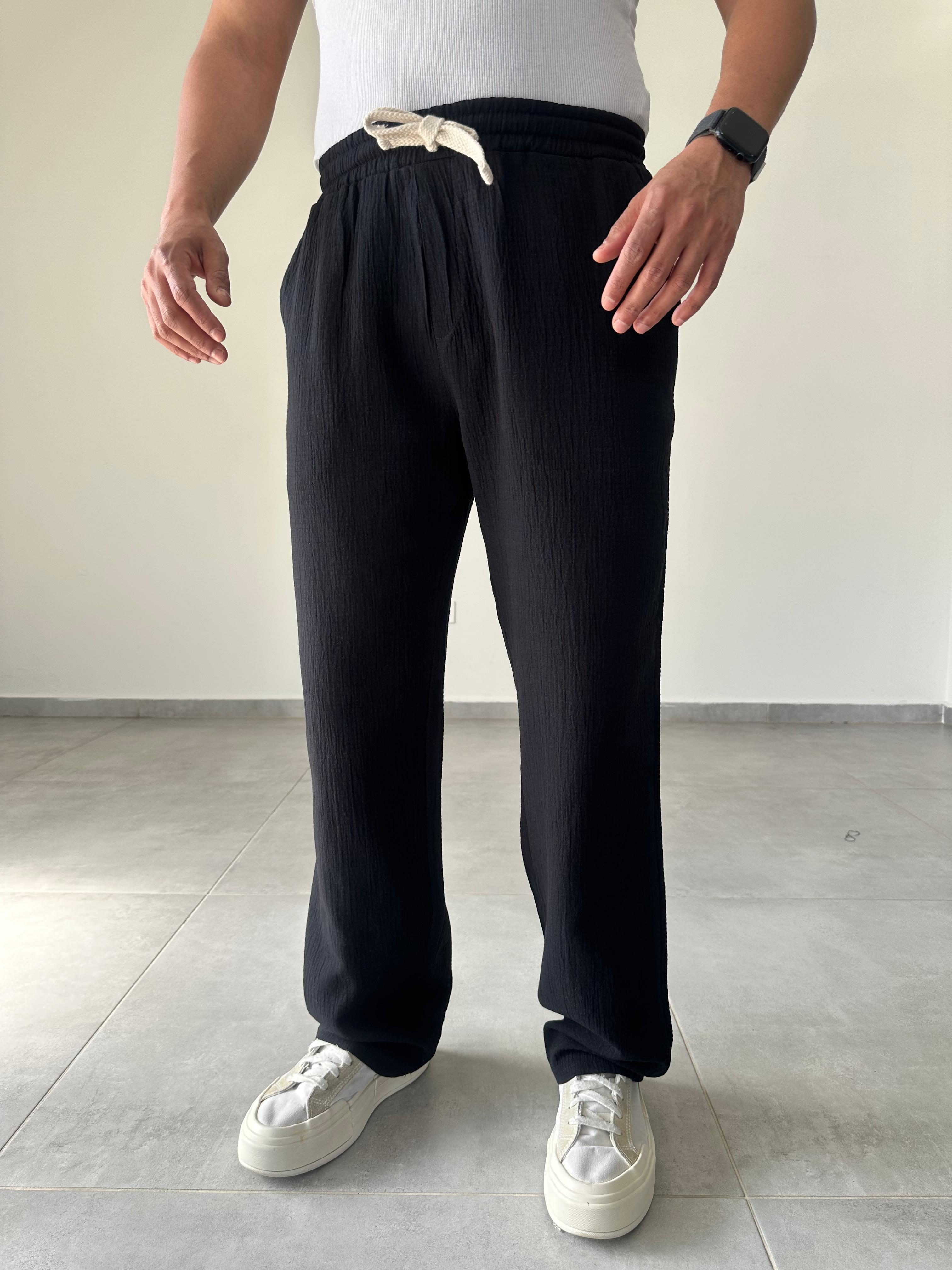 Siyah Renk Müslin Keten Baggy Pantolon