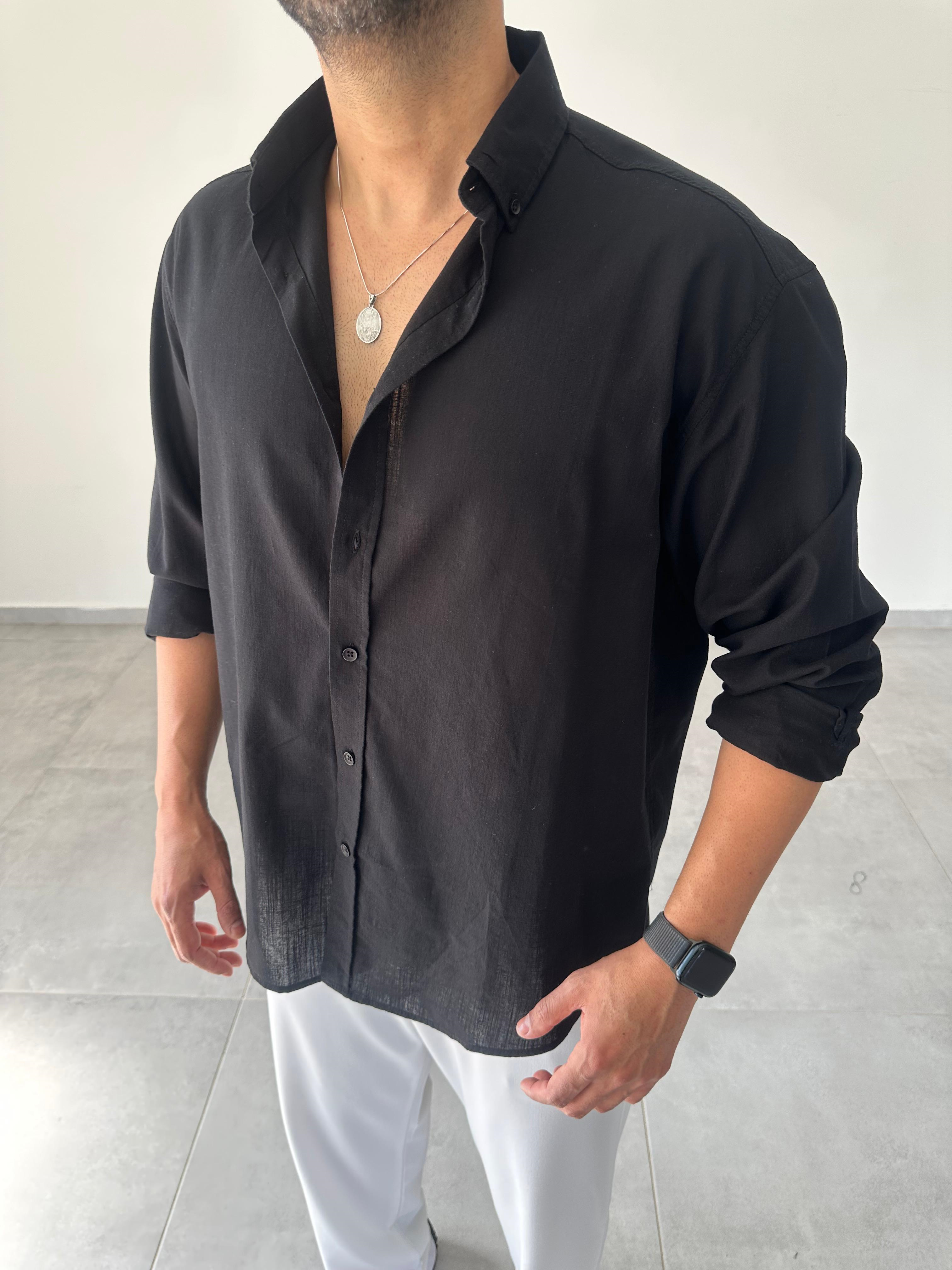 Siyah Renk Oversize Kesim Fresh Keten Gömlek