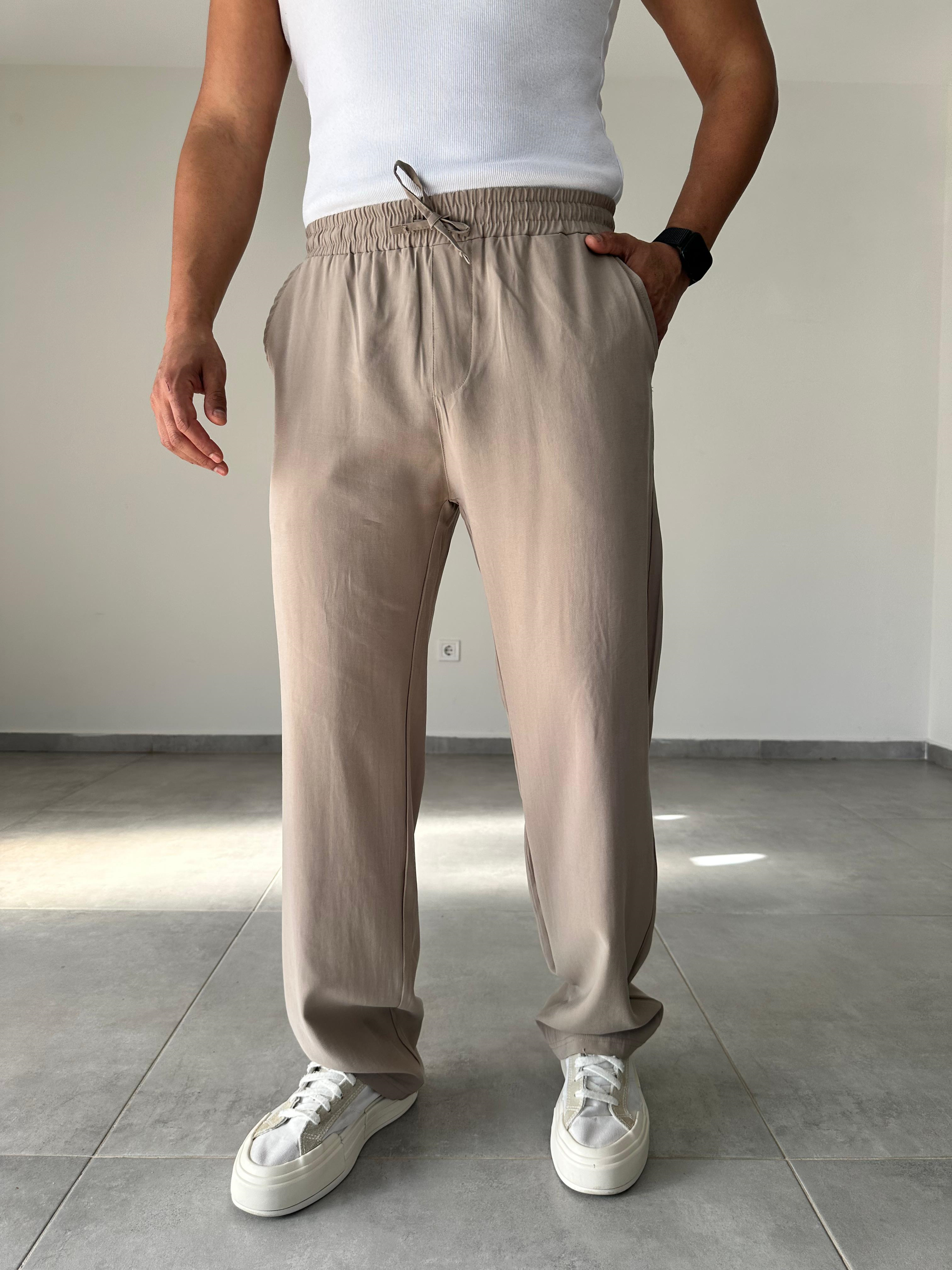 Modal Kumaş Taş Renk Bel Kısmı Lastikli Basic Baggy Pantolon