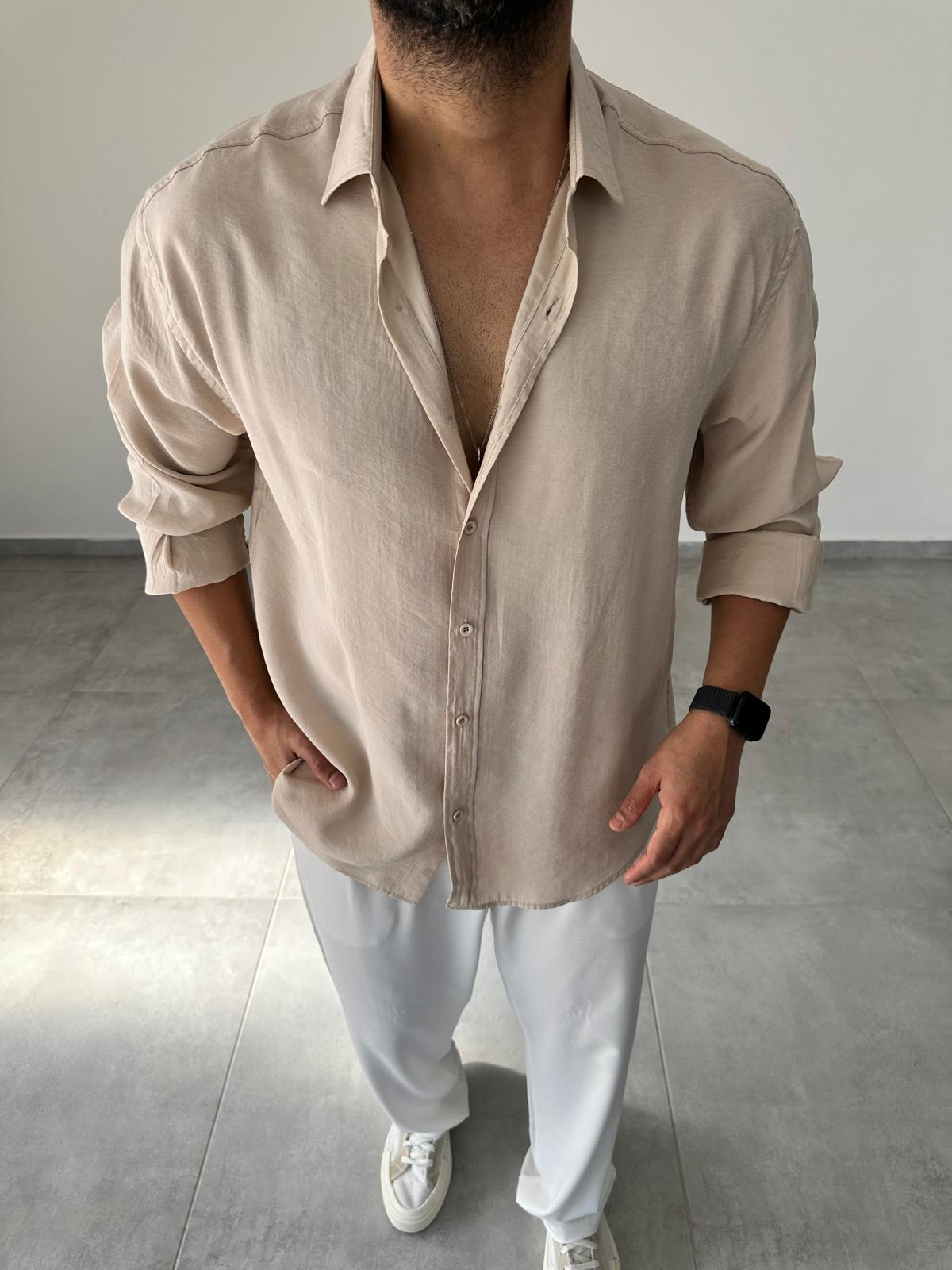 Modal Kumaş Bej Renk Oversize Kesim Gömlek