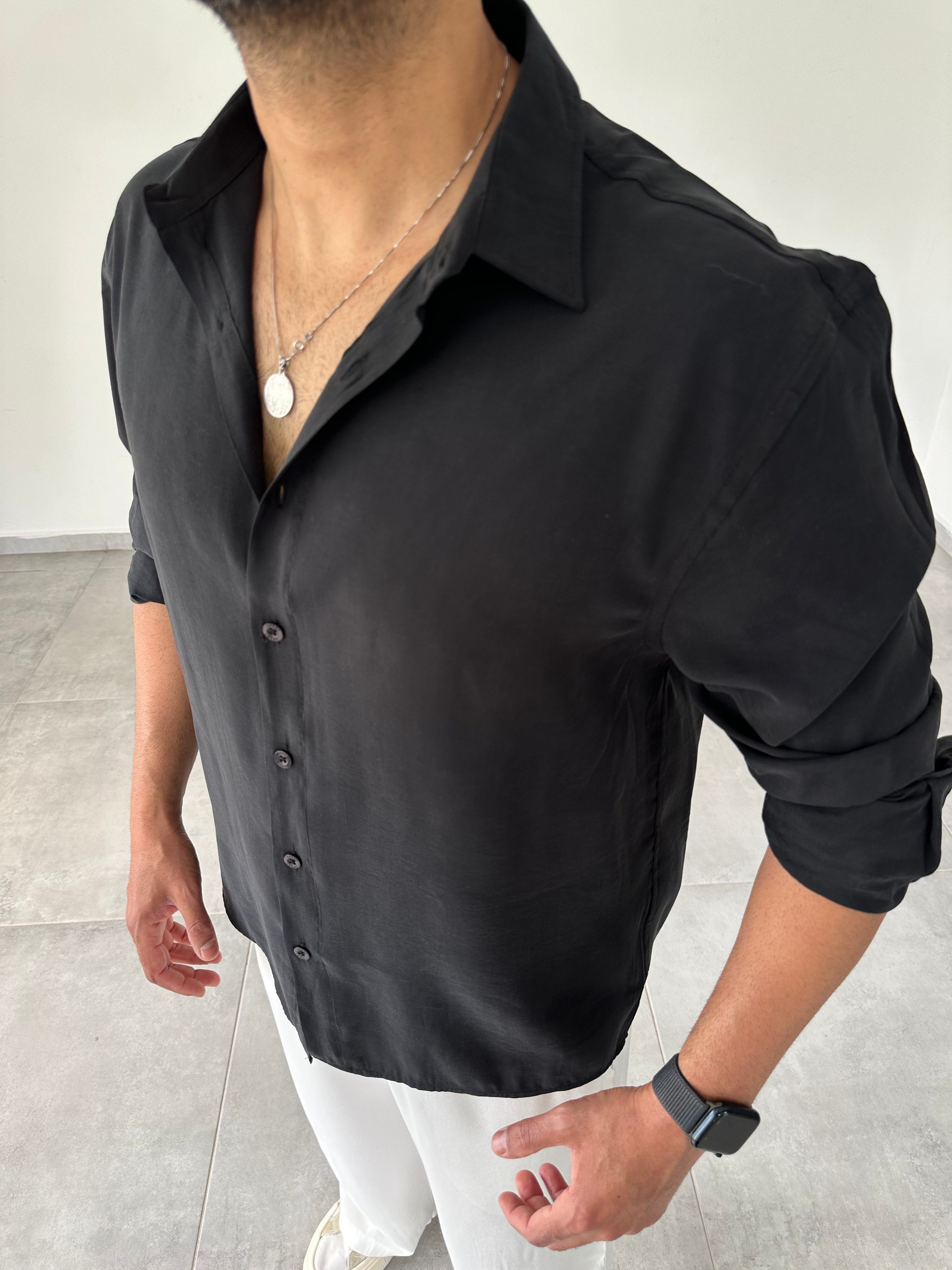 Siyah Modal Kumaş Oversize Basic Gömlek