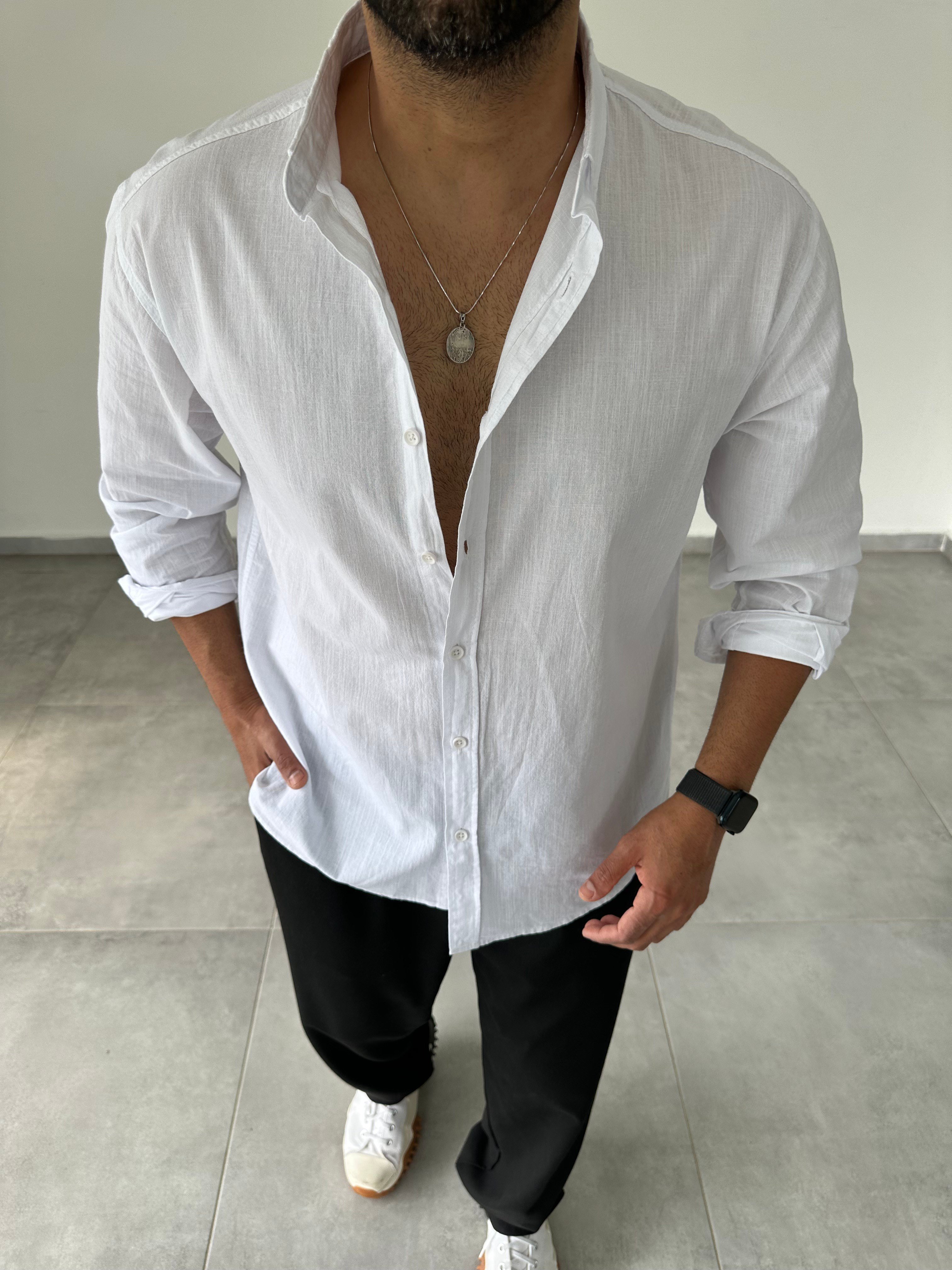 Beyaz Relax Fit Keten Gömlek