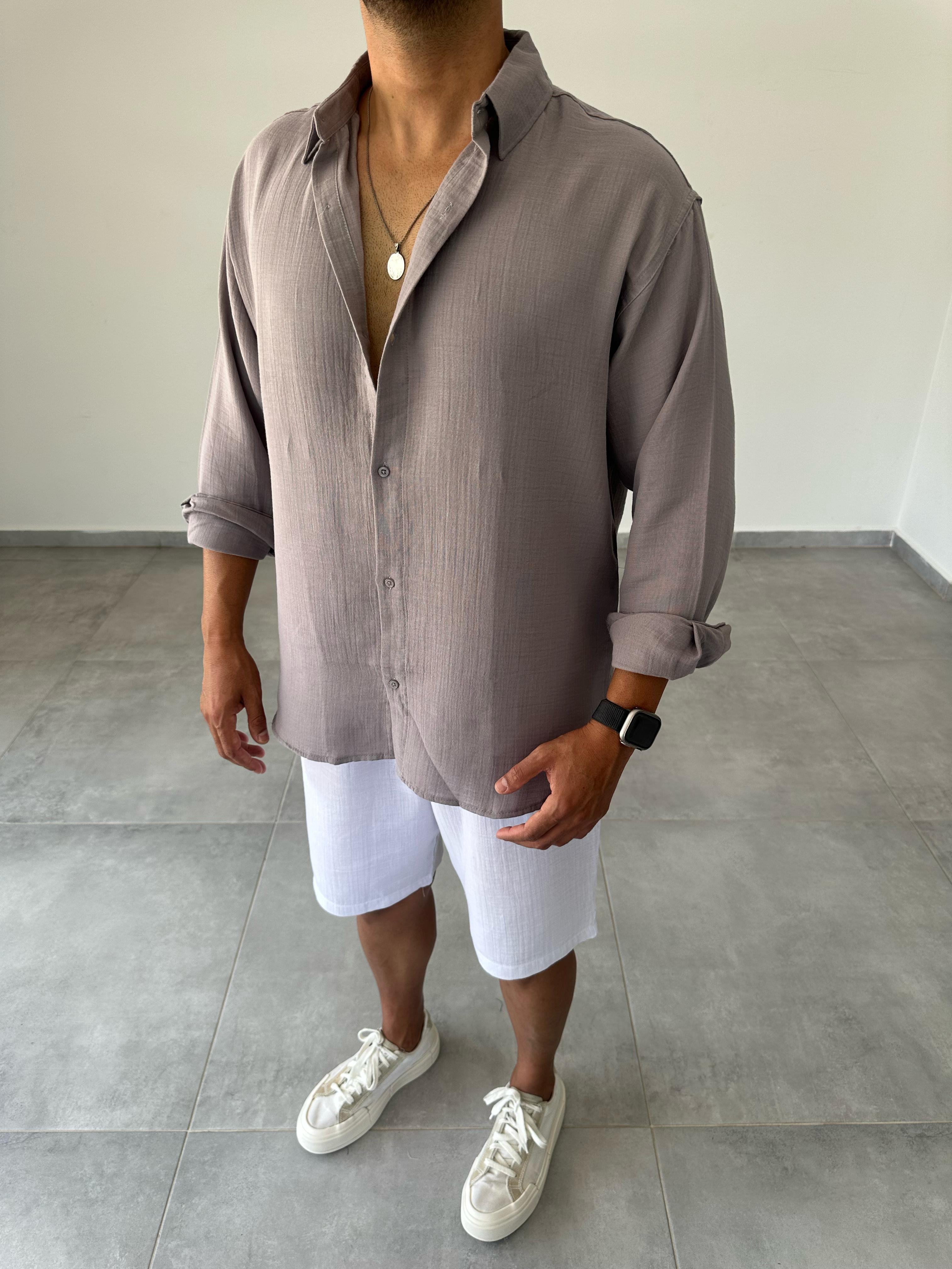 Antrasit Renk Oversize Kesim Müslin Basic Keten Gömlek