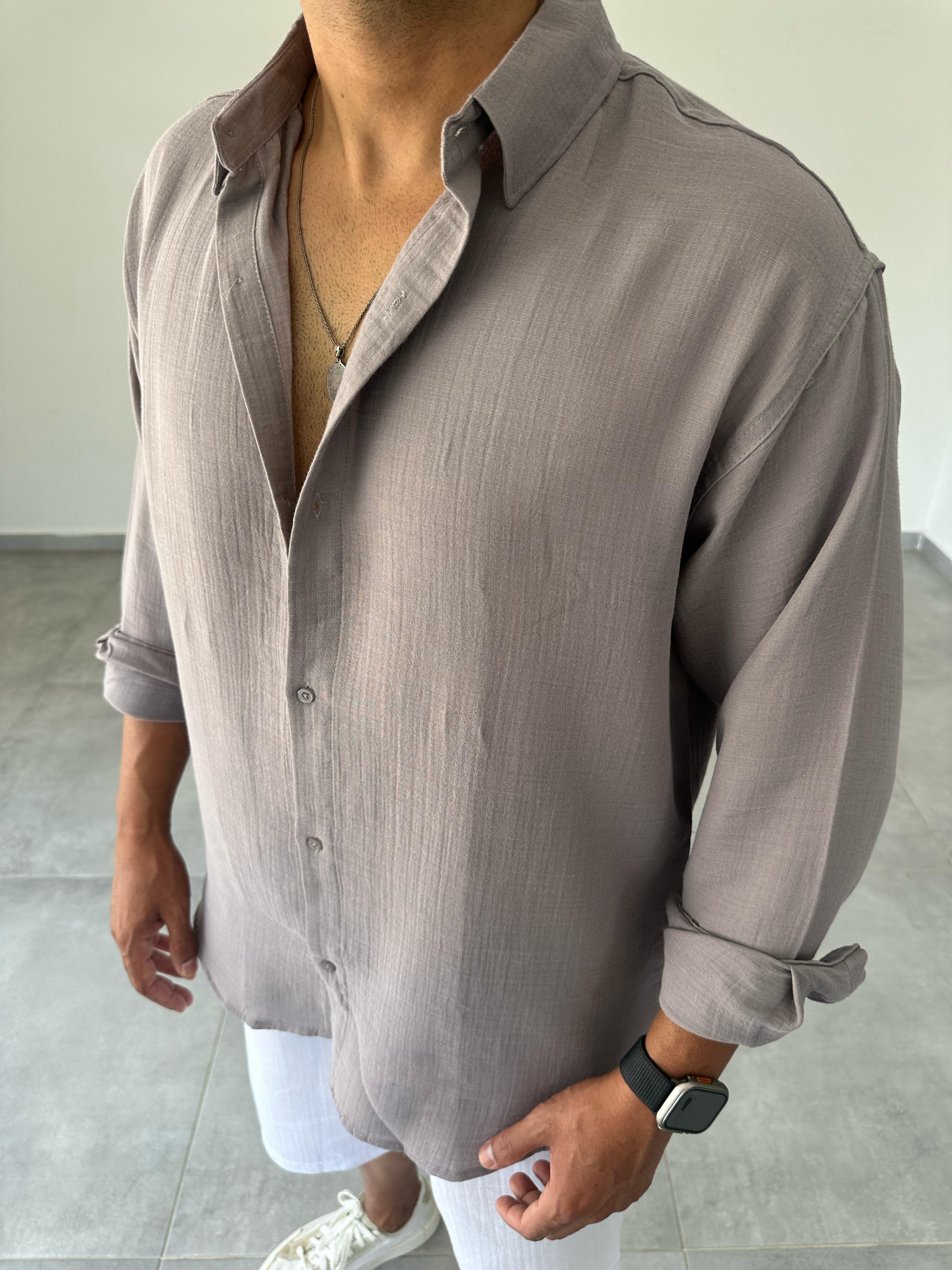 Antrasit Renk Oversize Kesim Müslin Basic Keten Gömlek