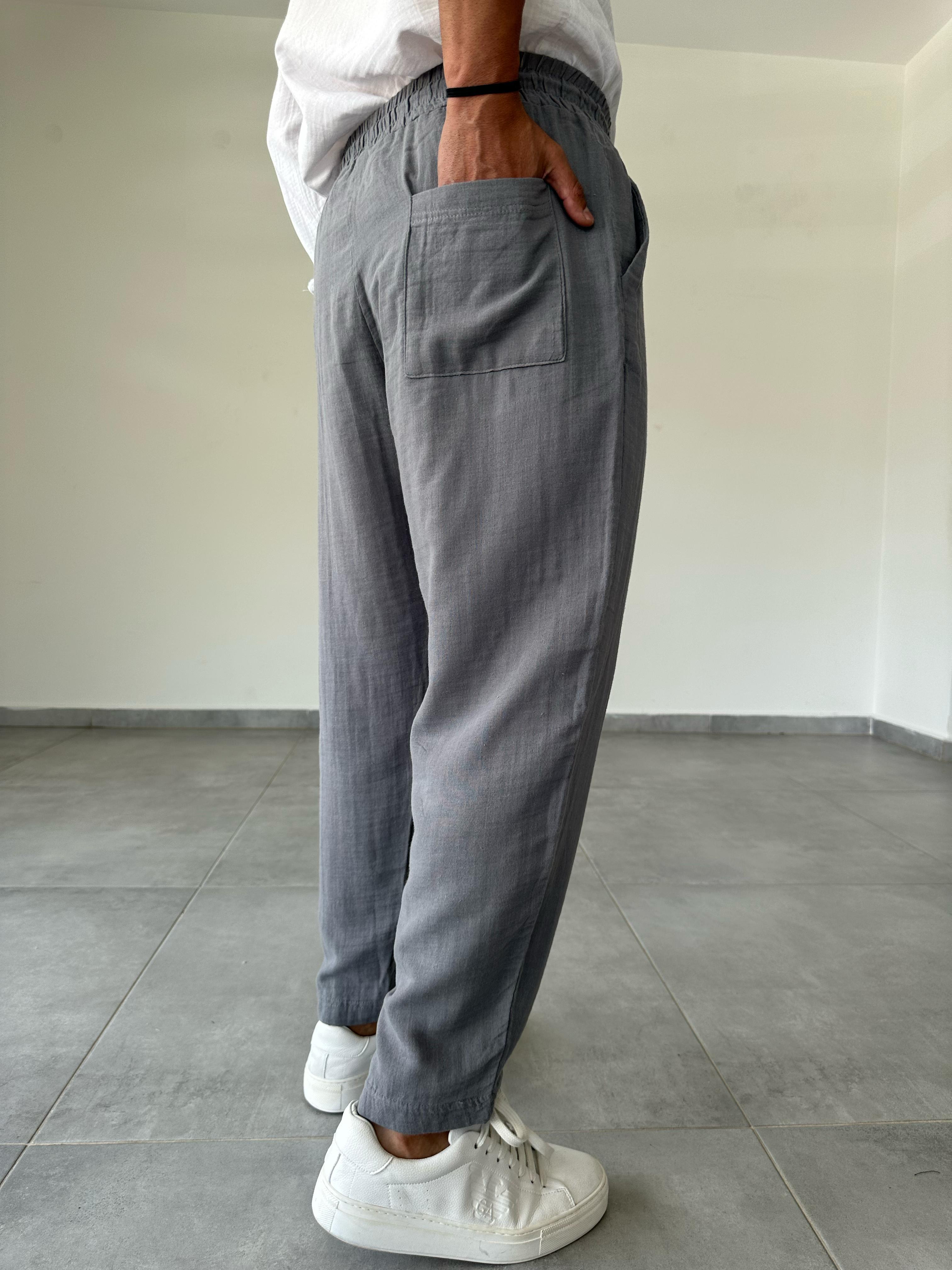 Antrasit Renk Relax Fit Müslin Keten Pantolon