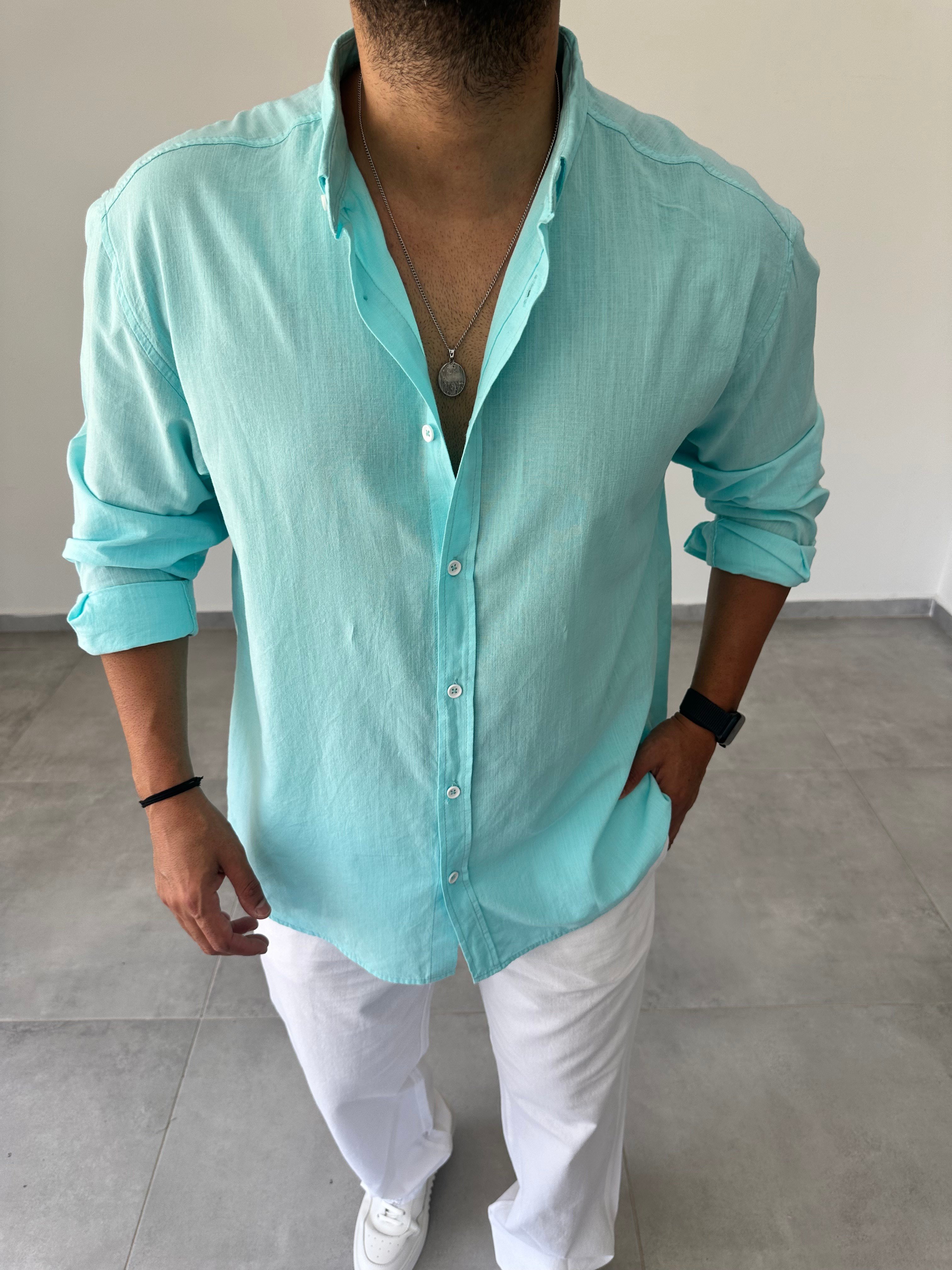 Turkuaz Renk Oversize Kesim Fresh Keten Gömlek