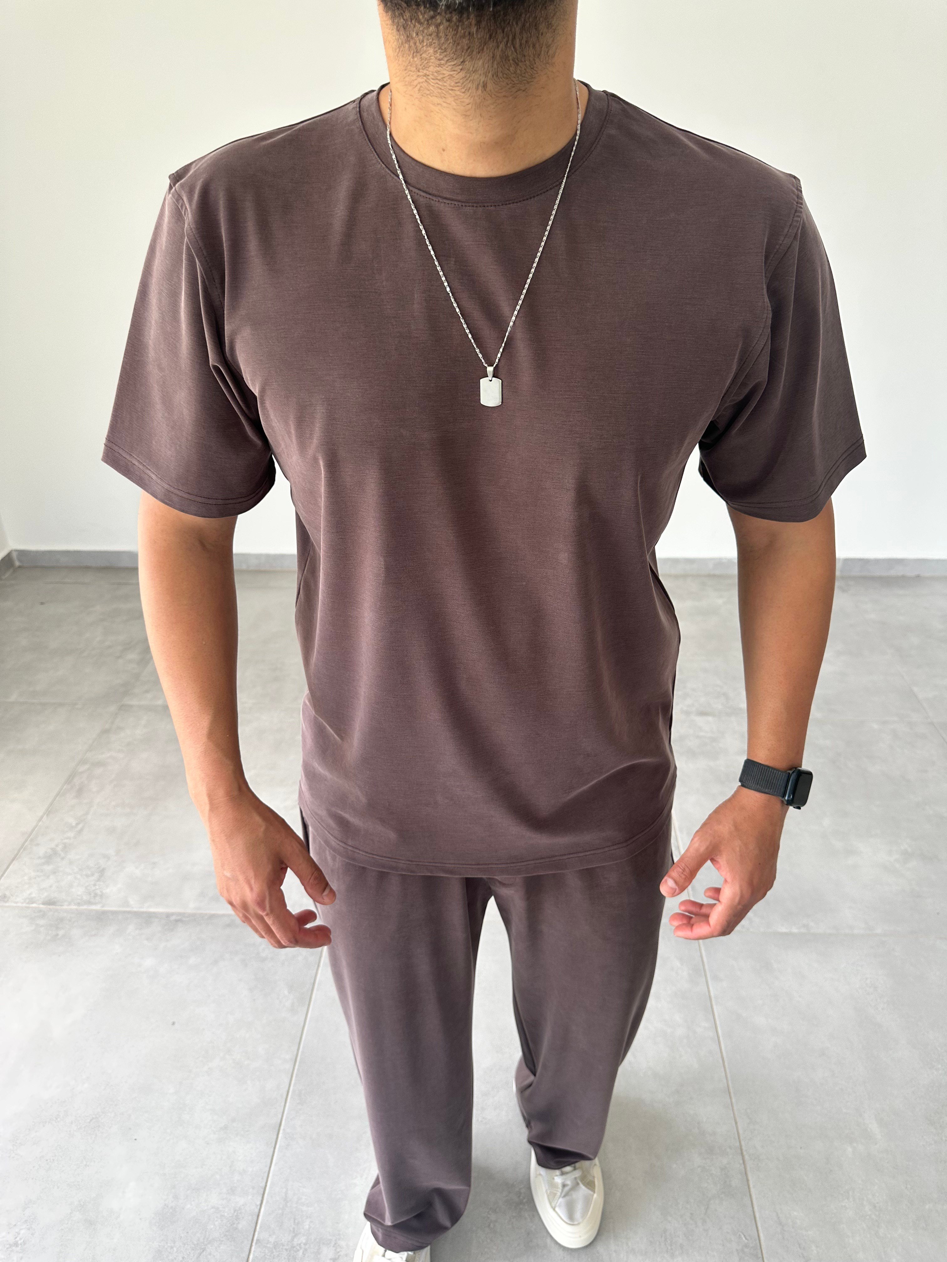 Kahve Renk  Rahat Kesim Kupra Kumaş T-Shirt