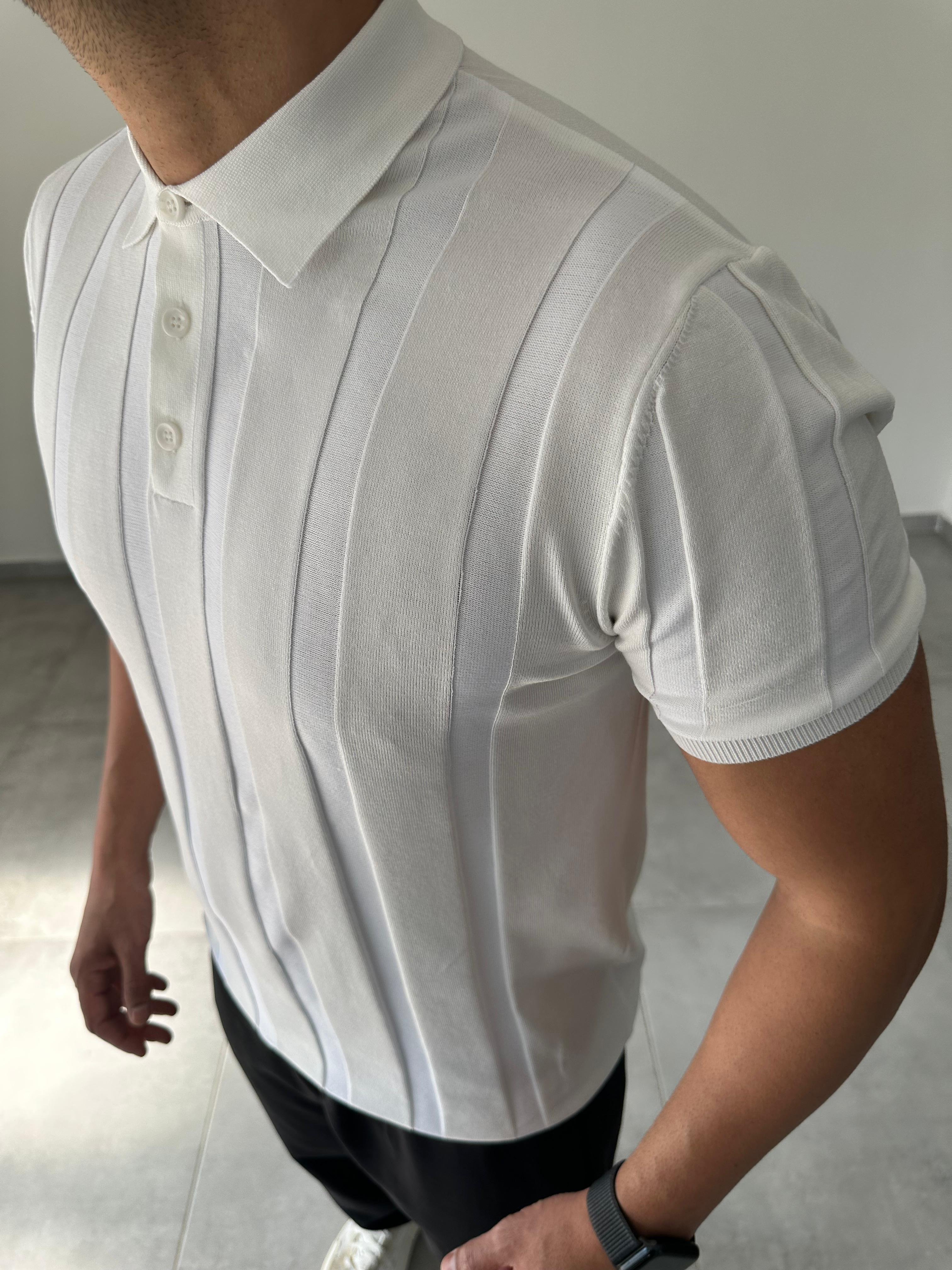 Polo Yaka  Şerit Detaylı Beyaz Renk Triko T-Shirt