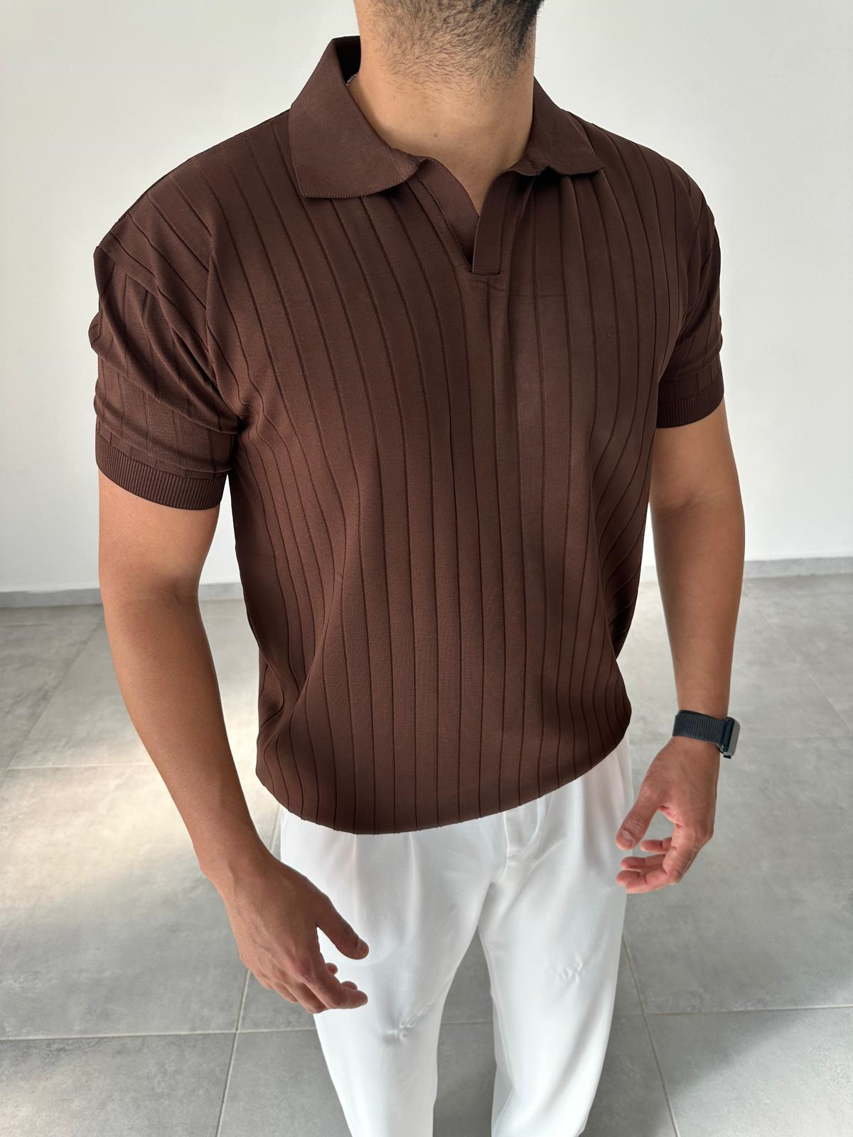 Kahve Renk Şerit Detaylı Polo Yaka T-Shirt