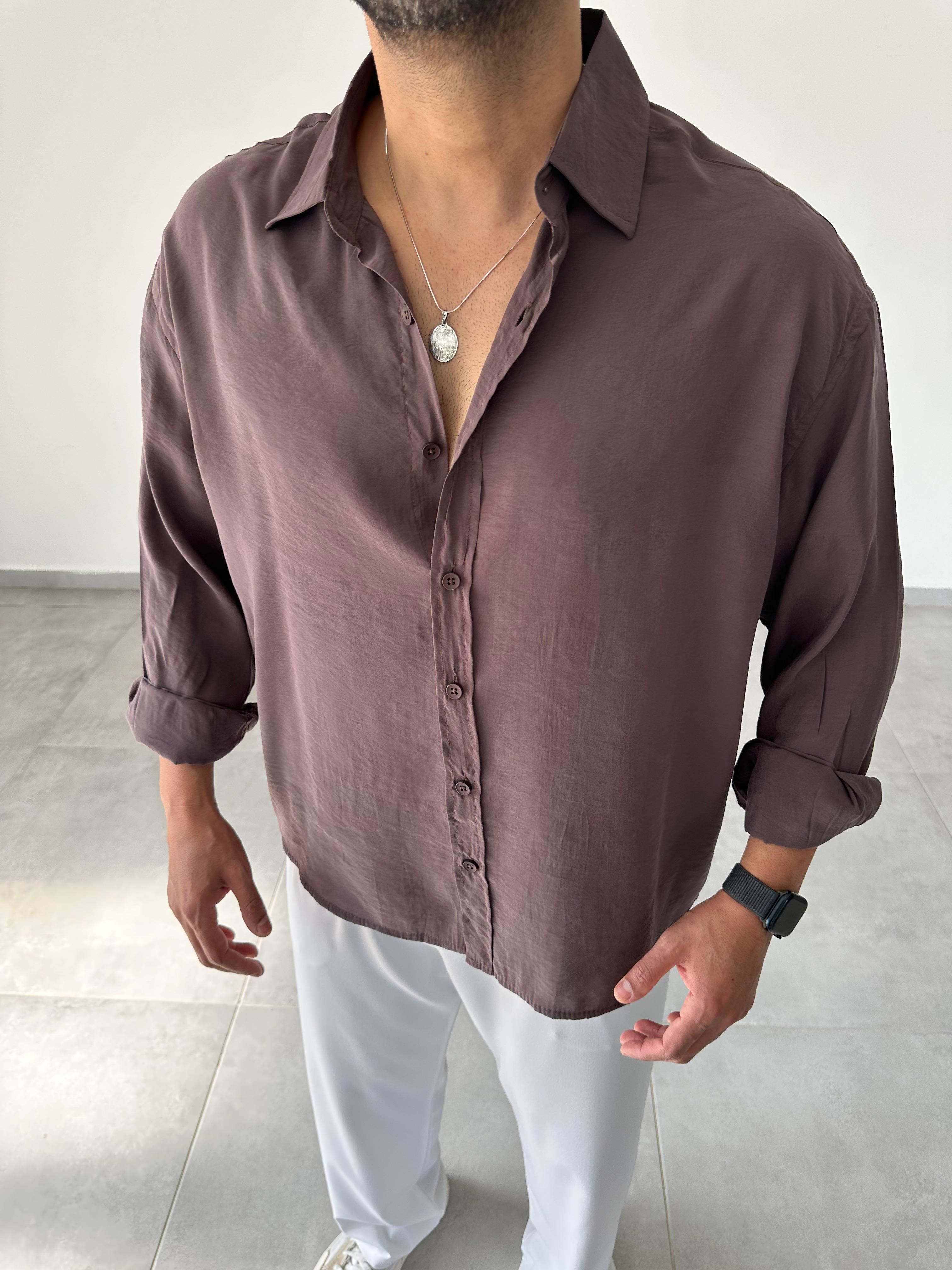 Kahve Renk Modal Kumaş Oversize Kesim Basic Gömlek