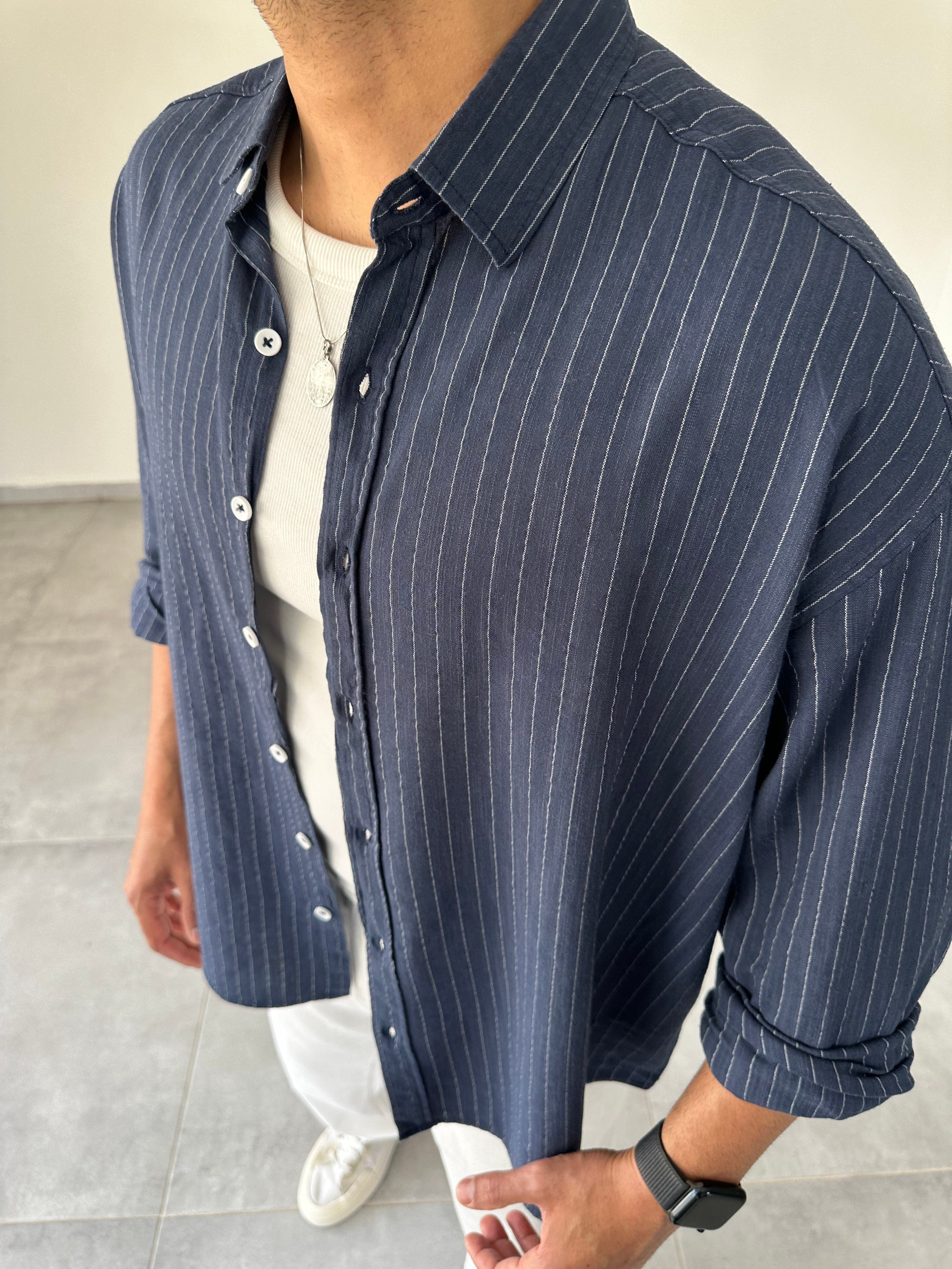 Lacivert Renk Çizgili Oversize Keten Gömlek