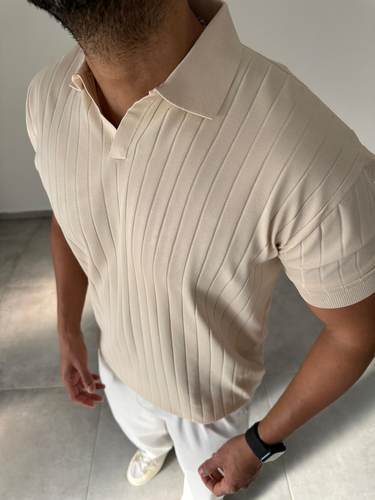 Bej Renk Şerit Detaylı Polo Yaka T-Shirt