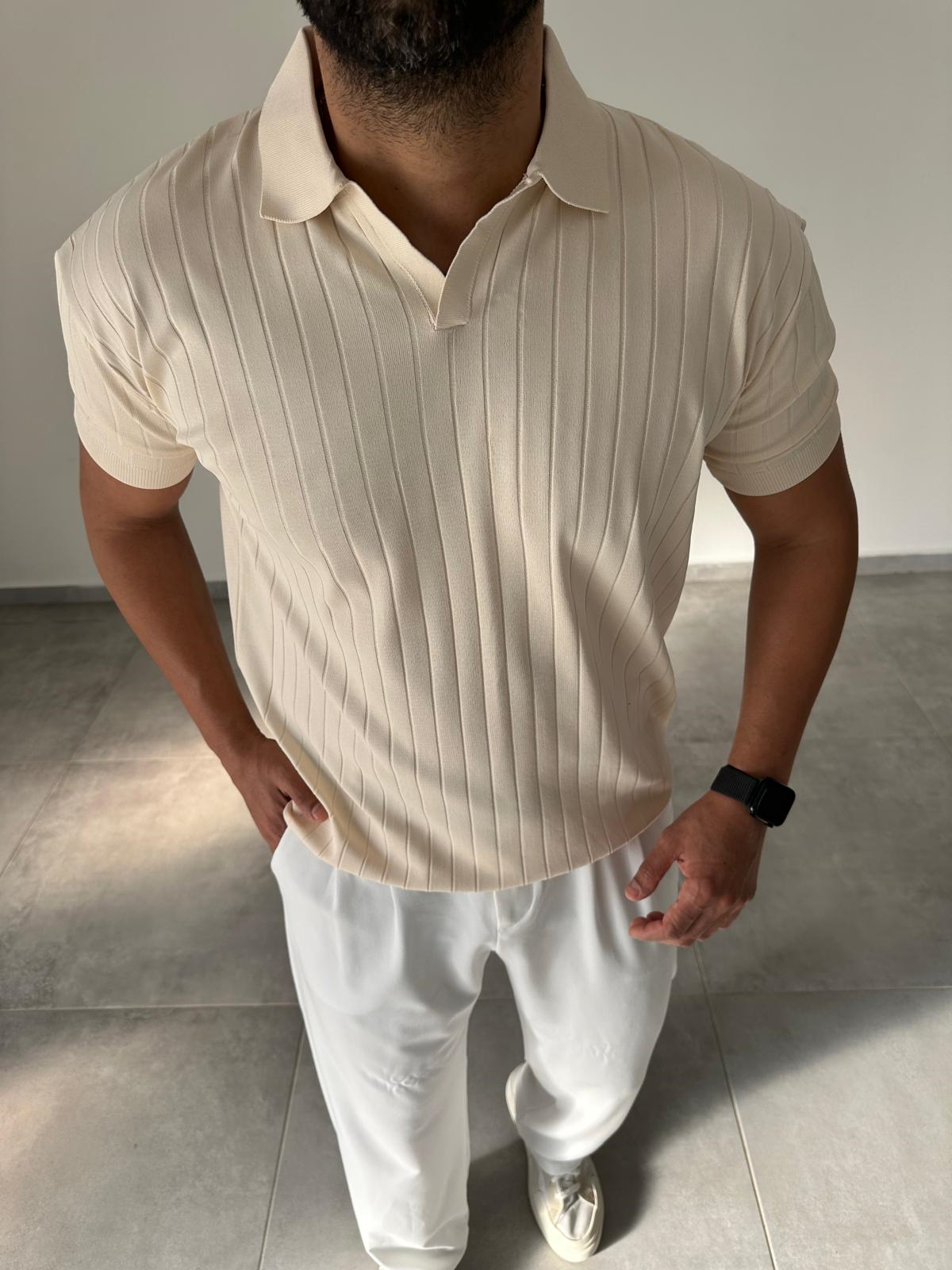 Bej Renk Şerit Detaylı Polo Yaka T-Shirt
