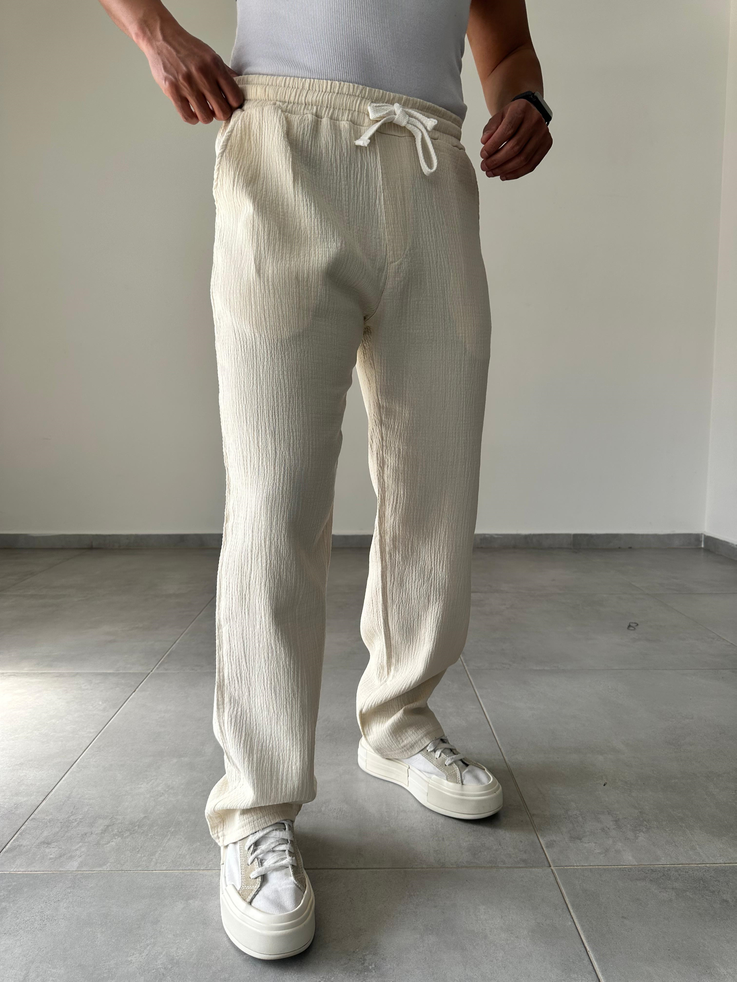 Bej Renk Müslin Keten Baggy Pantolon