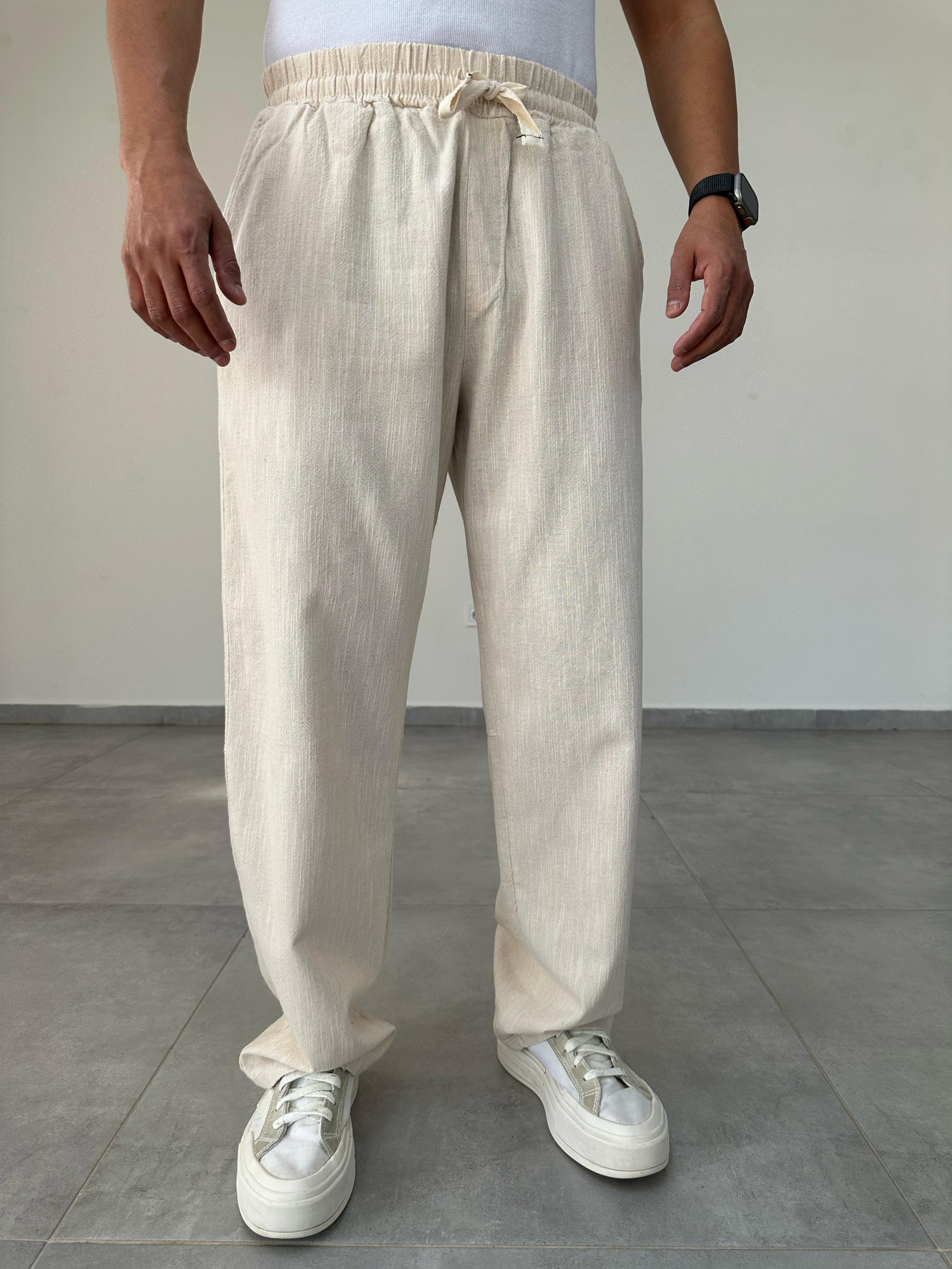 Bej Renk Nakış Detaylı Ham Keten Baggy Pantolon
