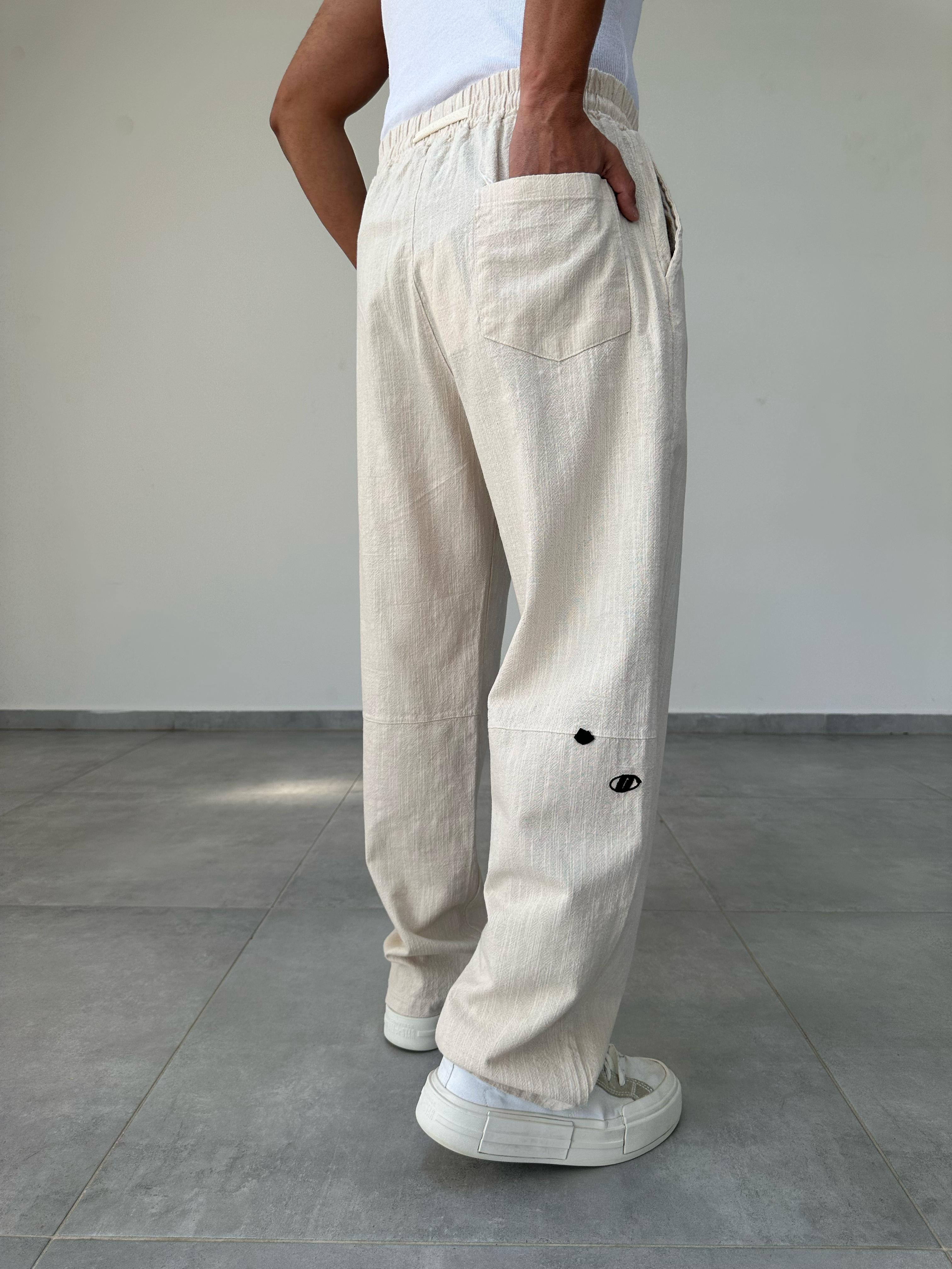 Bej Renk Nakış Detaylı Ham Keten Baggy Pantolon