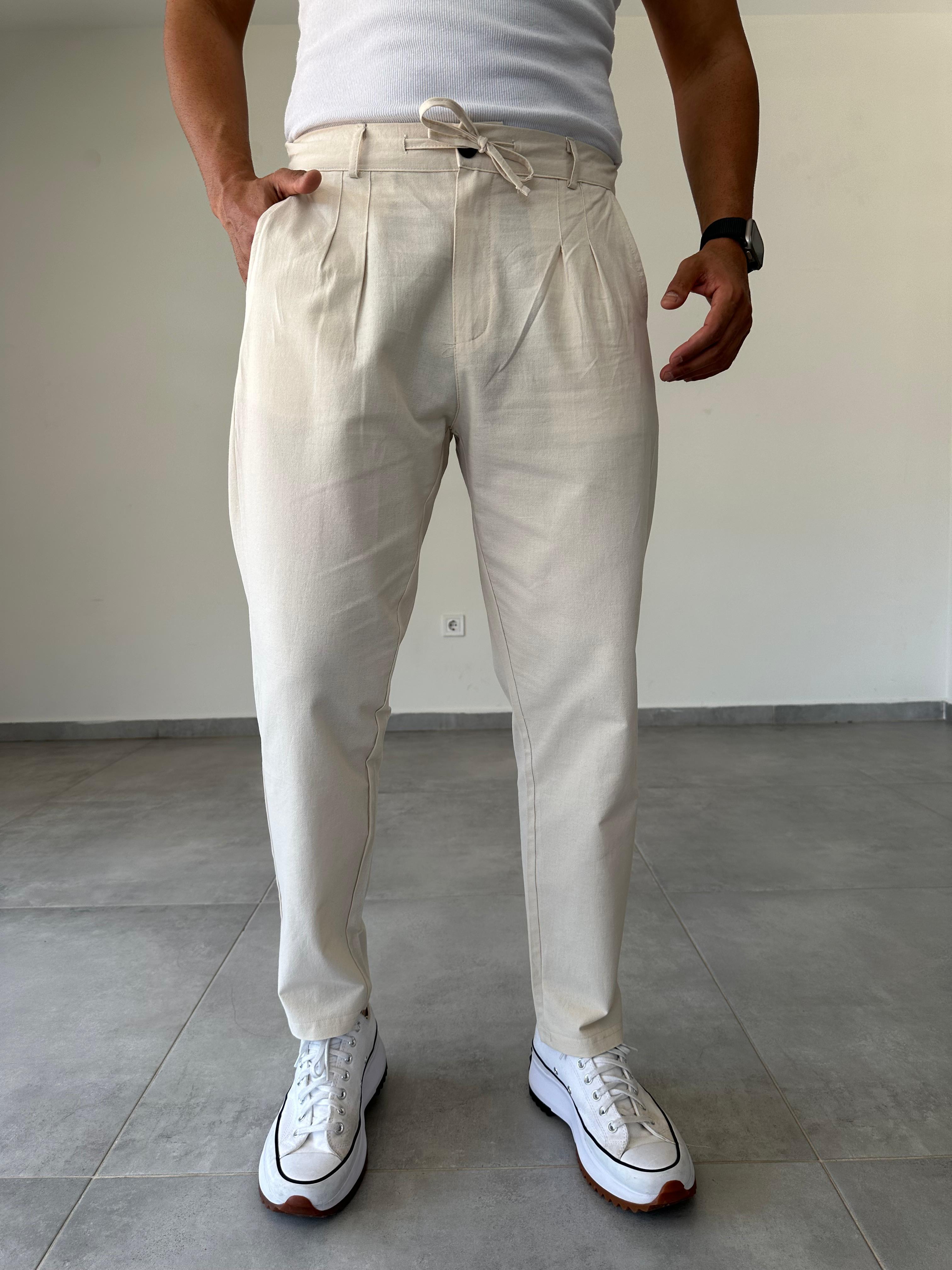Bej Renk Ön Kısmı Pile Detaylı Boyfriend Kesim Keten Pantolon