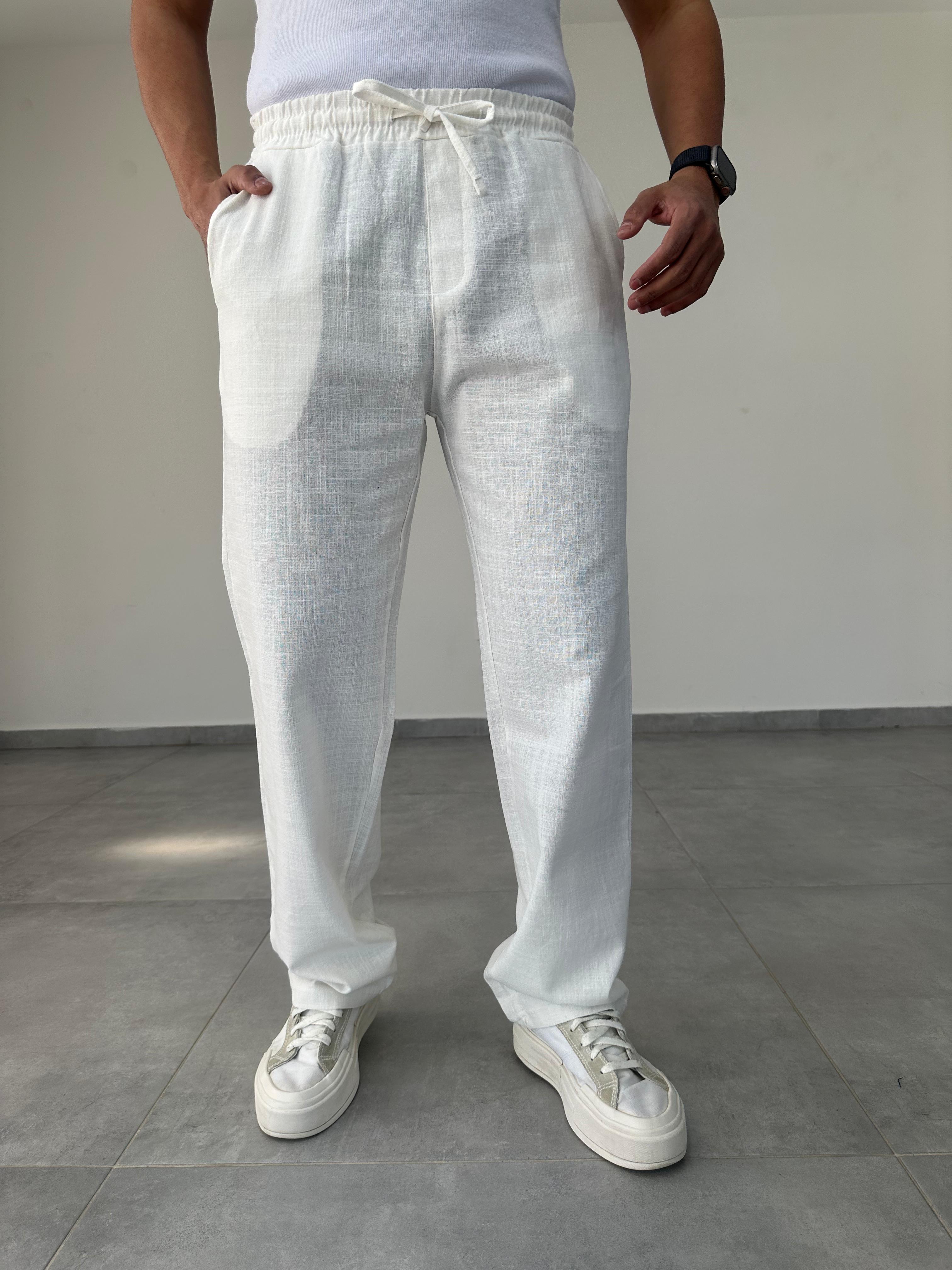 Beyaz Renk Bel Kısmı Lastikli Baggy Keten Pantolon