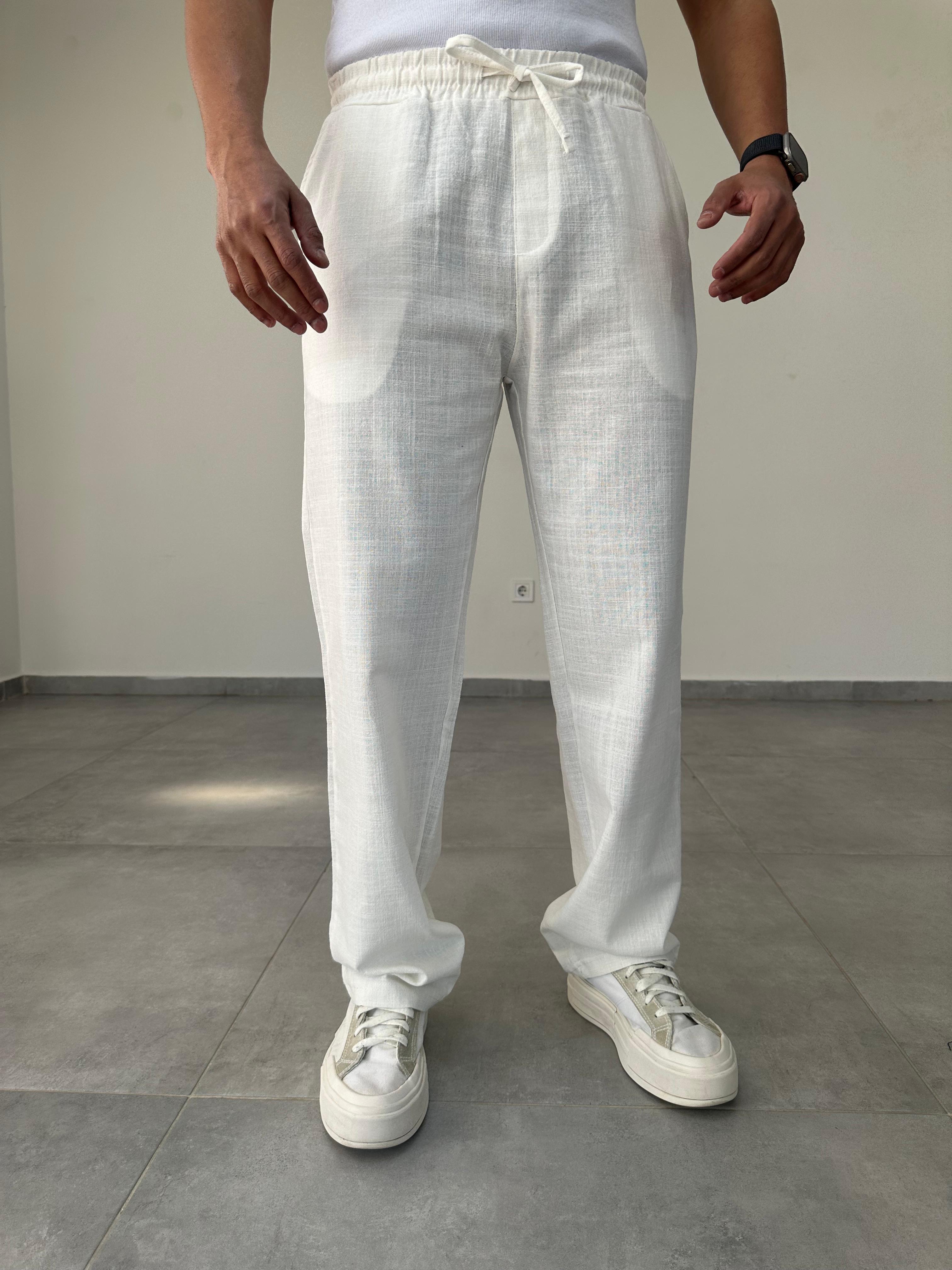 Beyaz Renk Bel Kısmı Lastikli Baggy Keten Pantolon