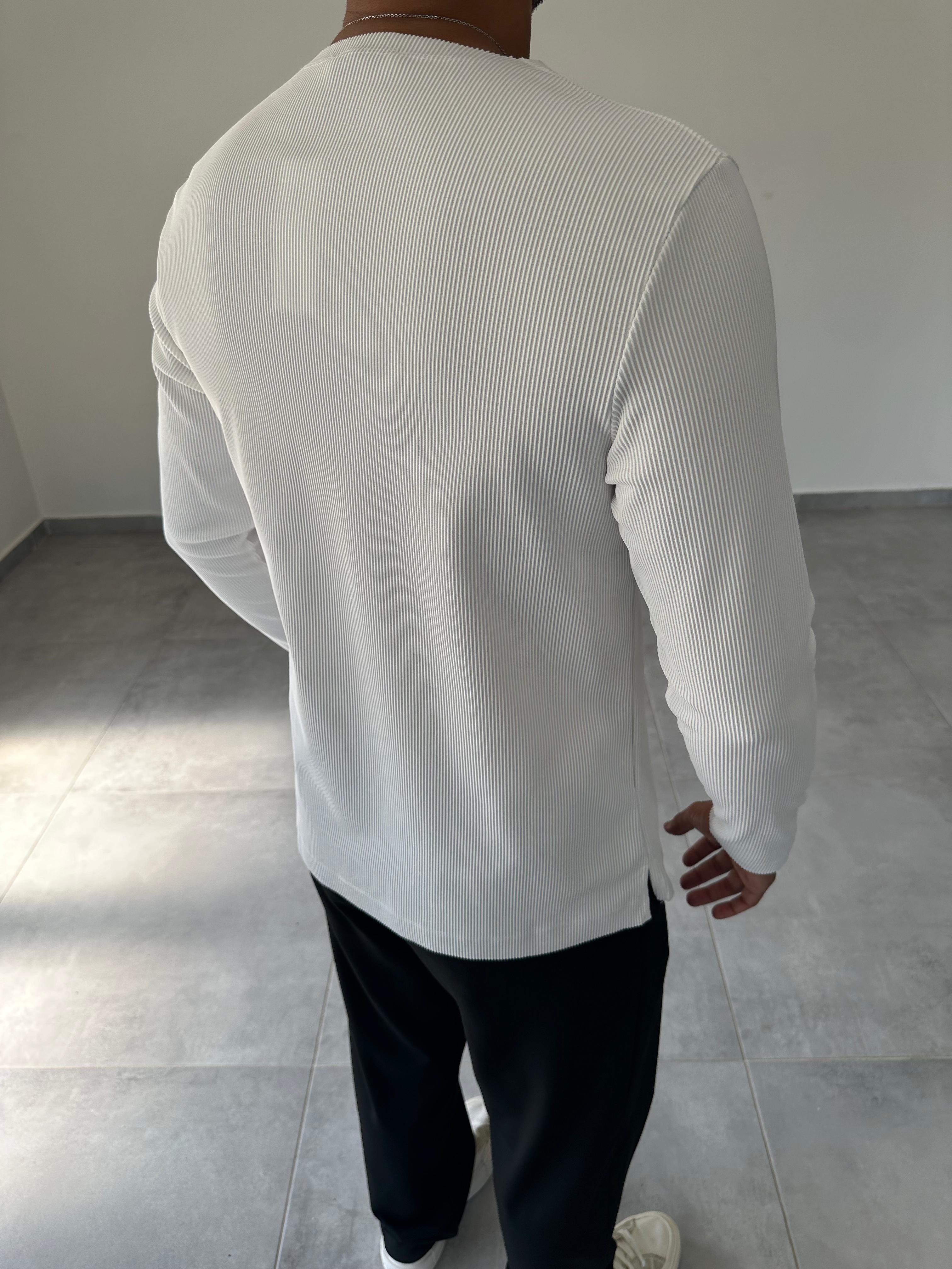 Beyaz Renk Kesik Yaka Detaylı Ottoman Kumaş Sweatshirt