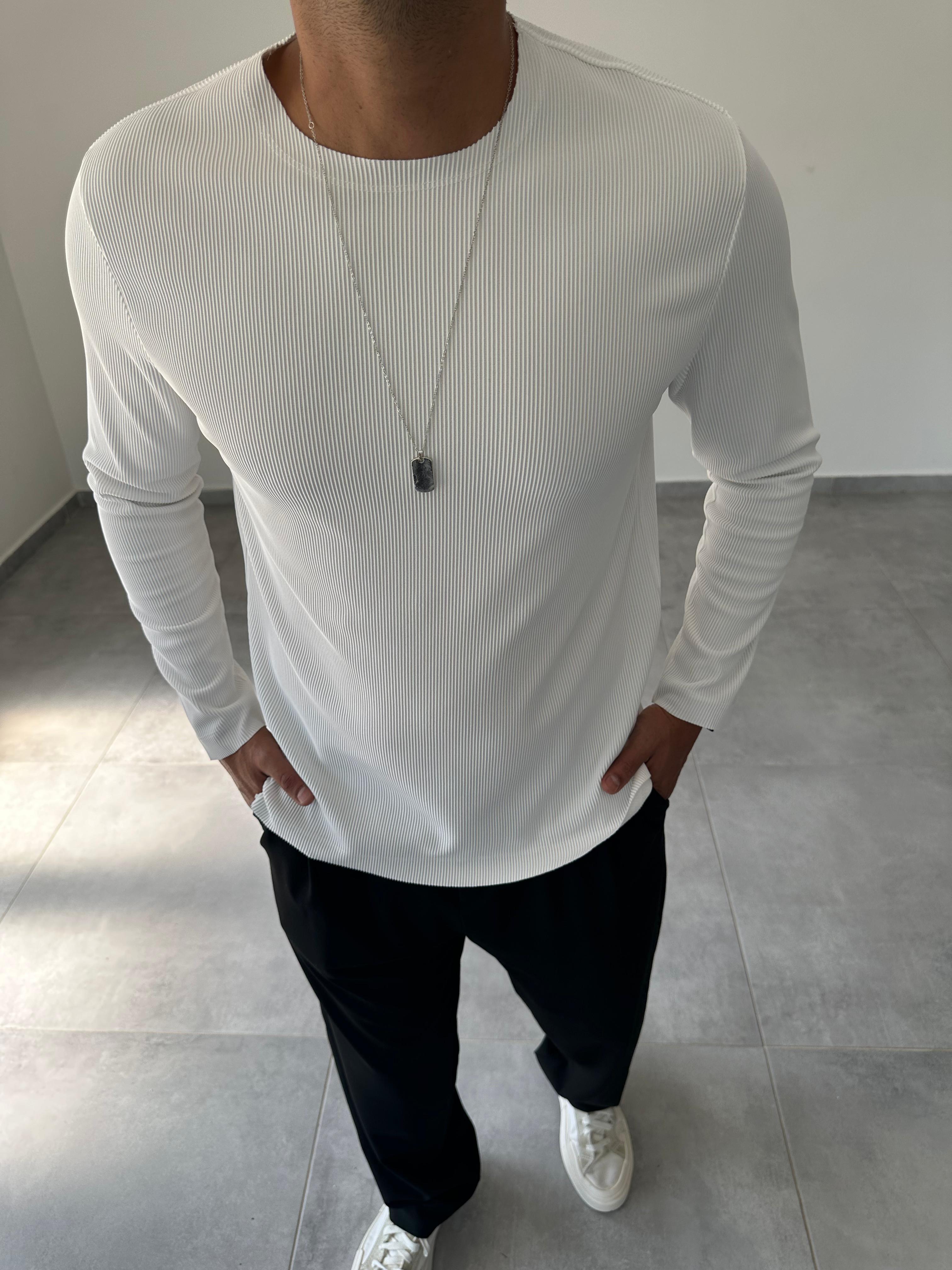Beyaz Renk Kesik Yaka Detaylı Ottoman Kumaş Sweatshirt