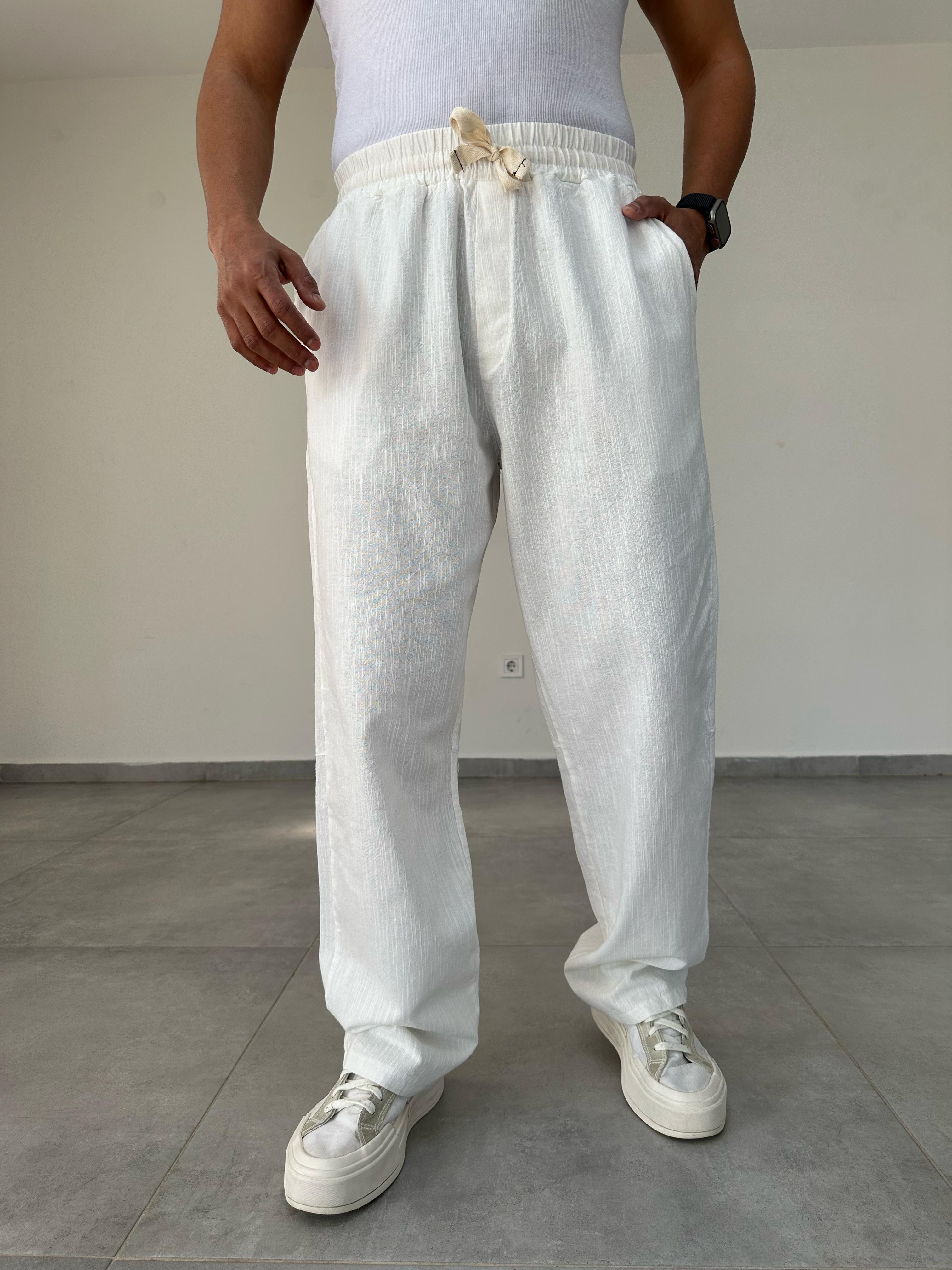 Beyaz Renk Nakış Detaylı Ham Keten Baggy Pantolon