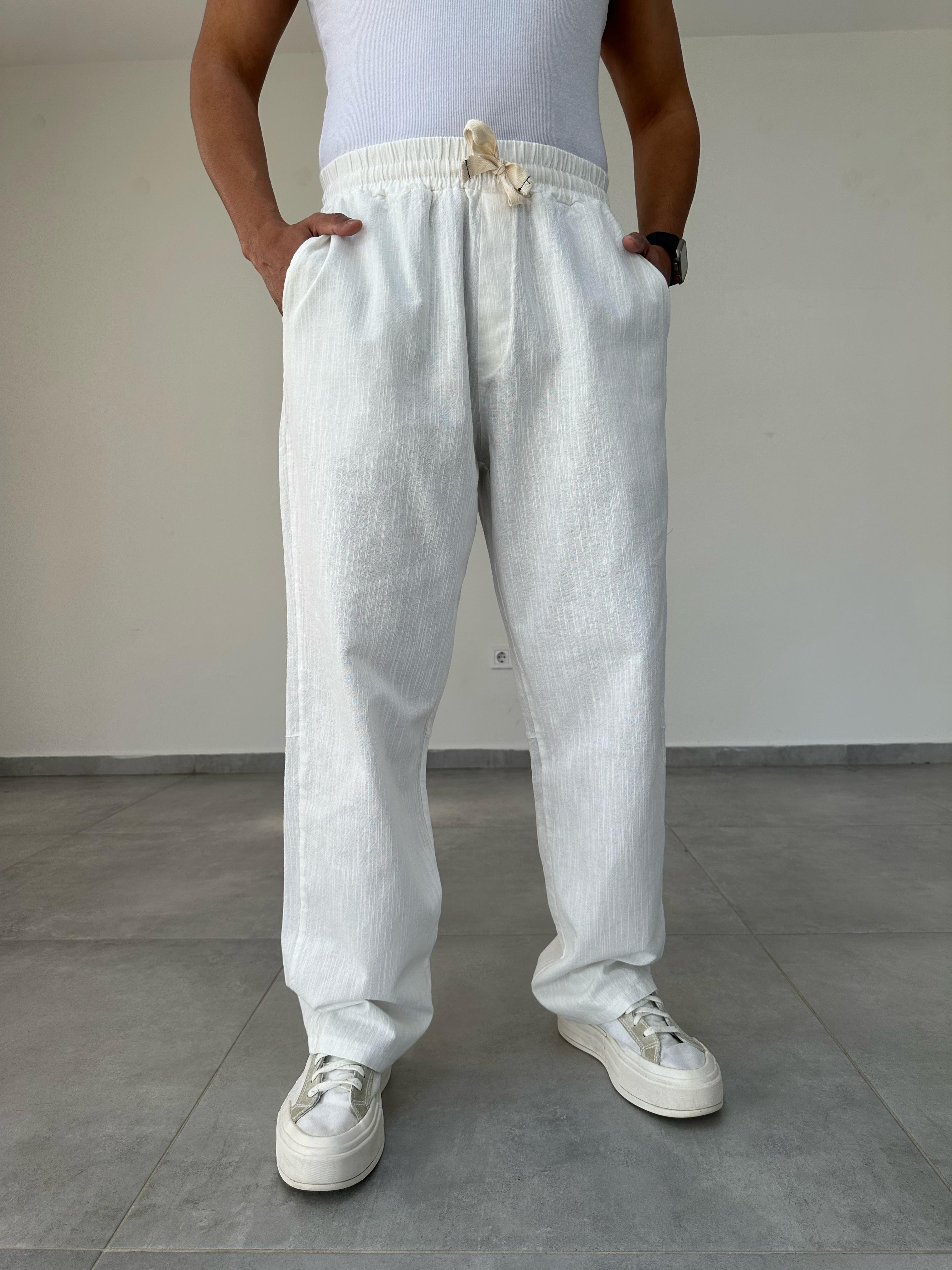Beyaz Renk Nakış Detaylı Ham Keten Baggy Pantolon