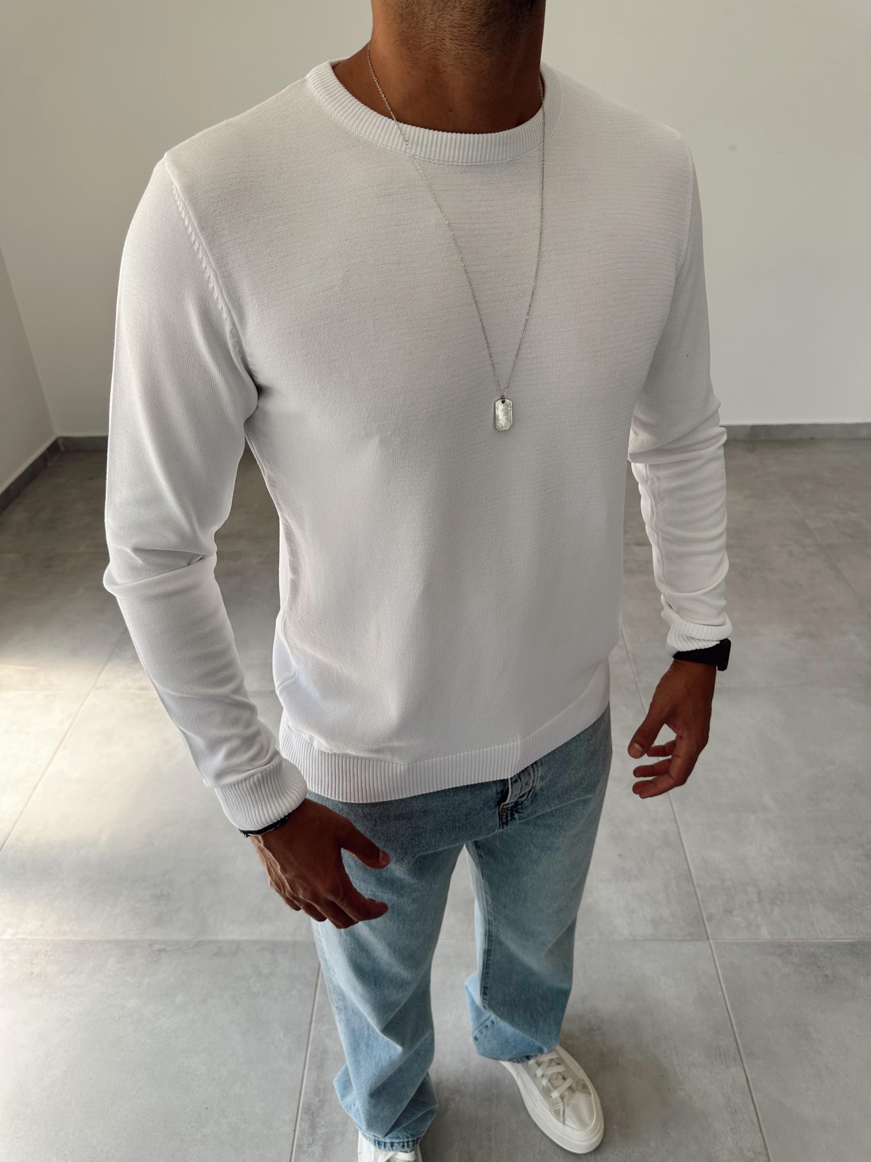 Beyaz Renk Örme Triko Basic Sweatshirt