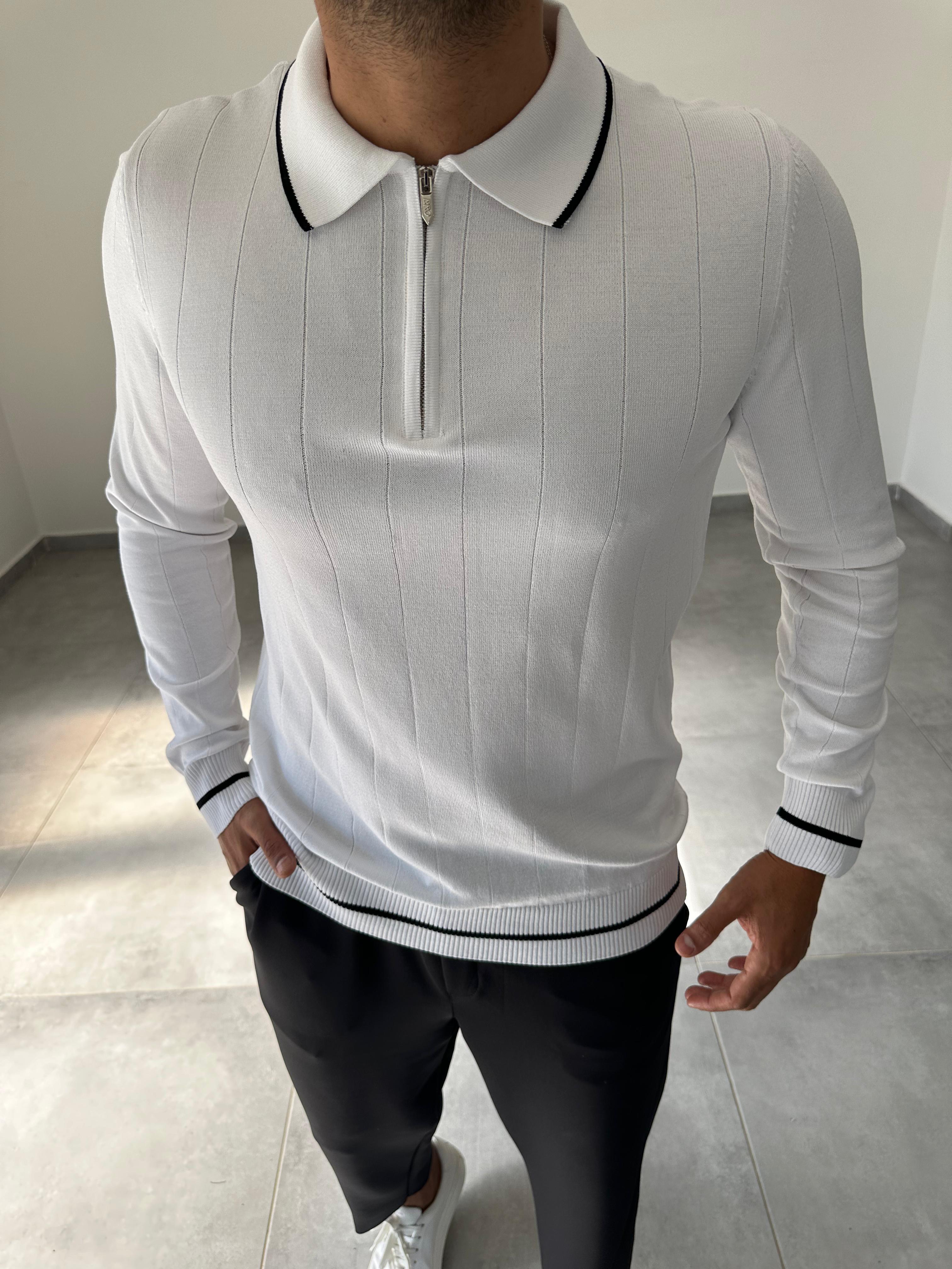 Beyaz Renk Polo Yaka Fitilli Triko Sweatshirt