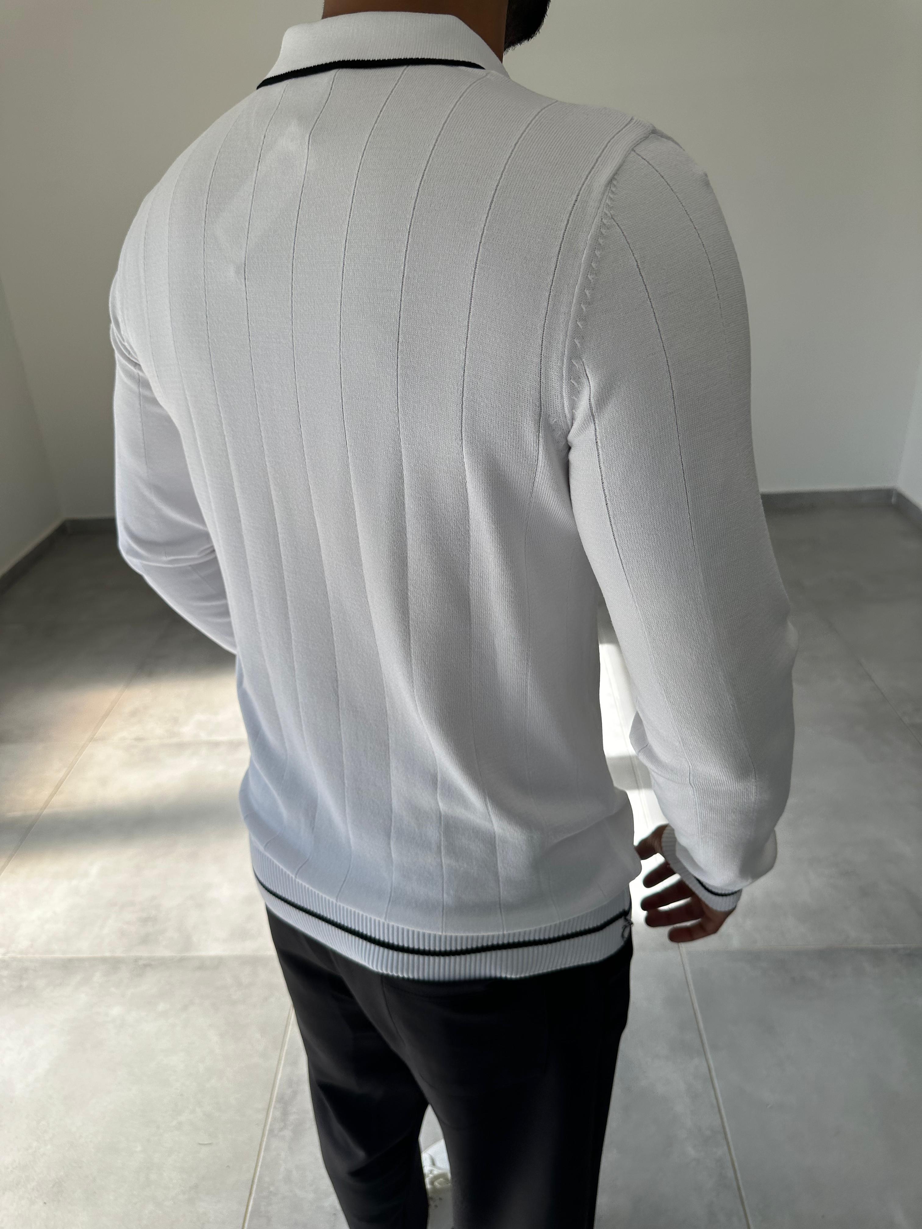 Beyaz Renk Polo Yaka Fitilli Triko Sweatshirt