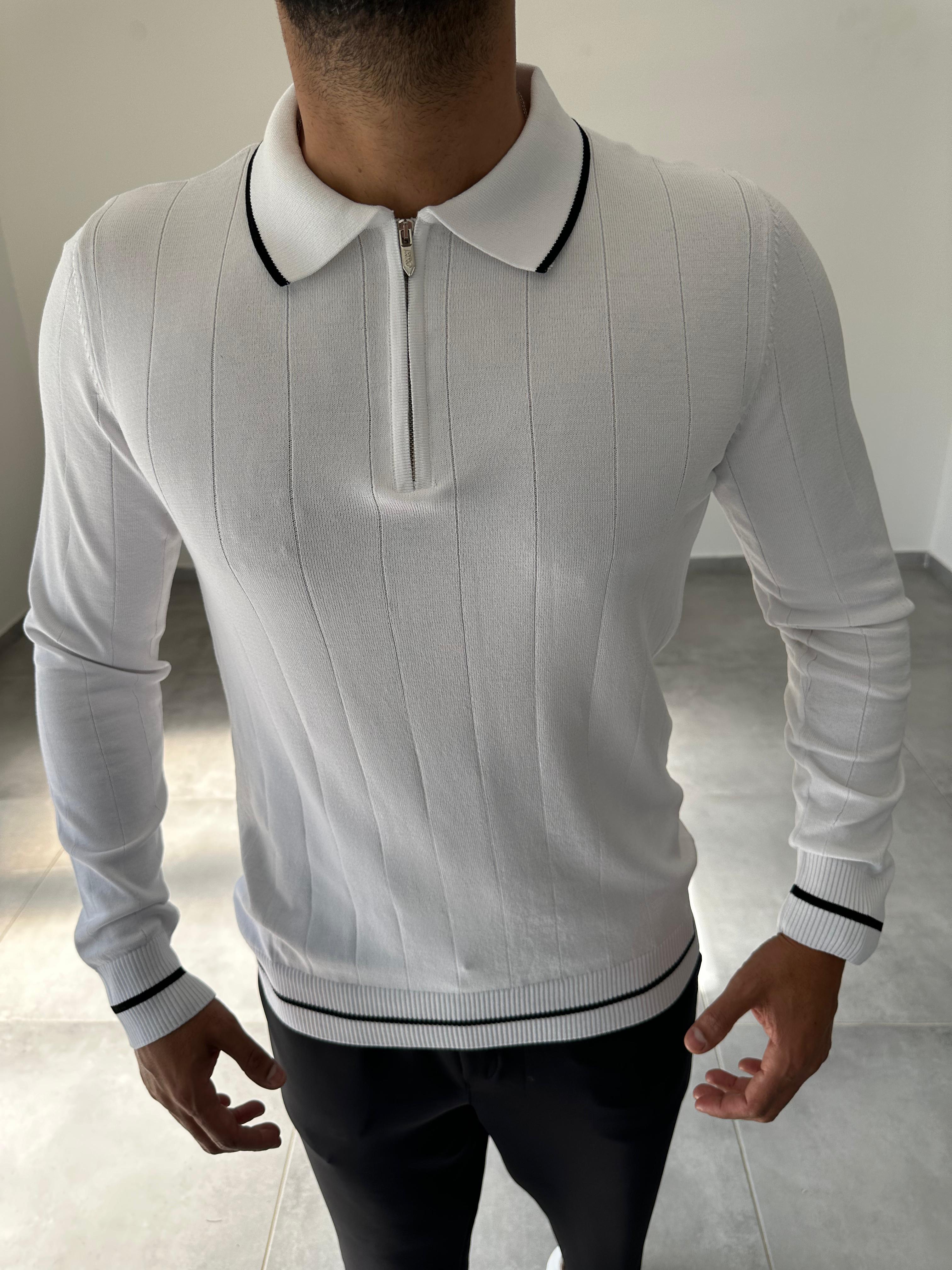 Beyaz Renk Polo Yaka Fitilli Triko Sweatshirt