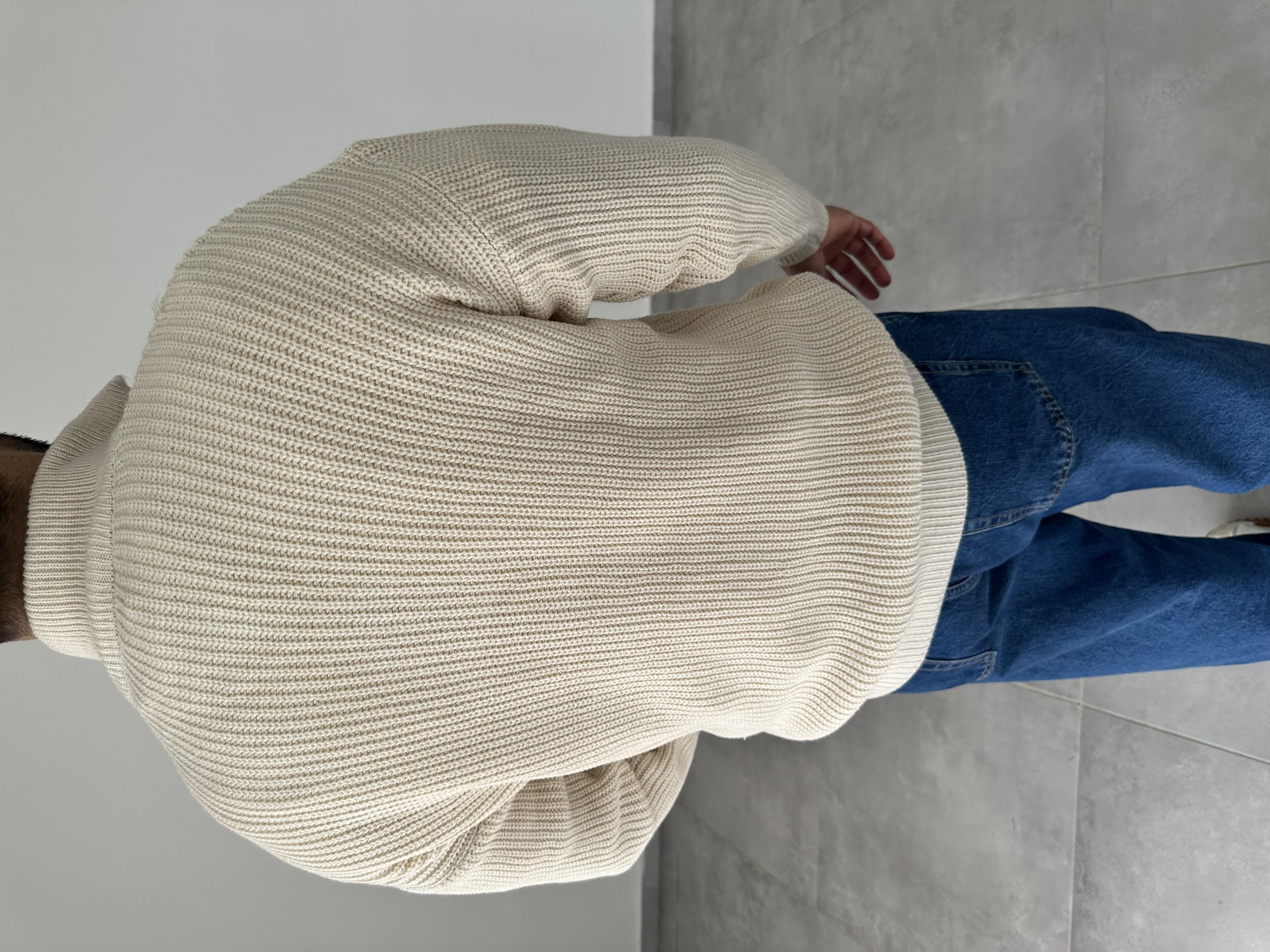 Ekru Renk Yarım Fermarlı Oversize Örme Triko Kazak