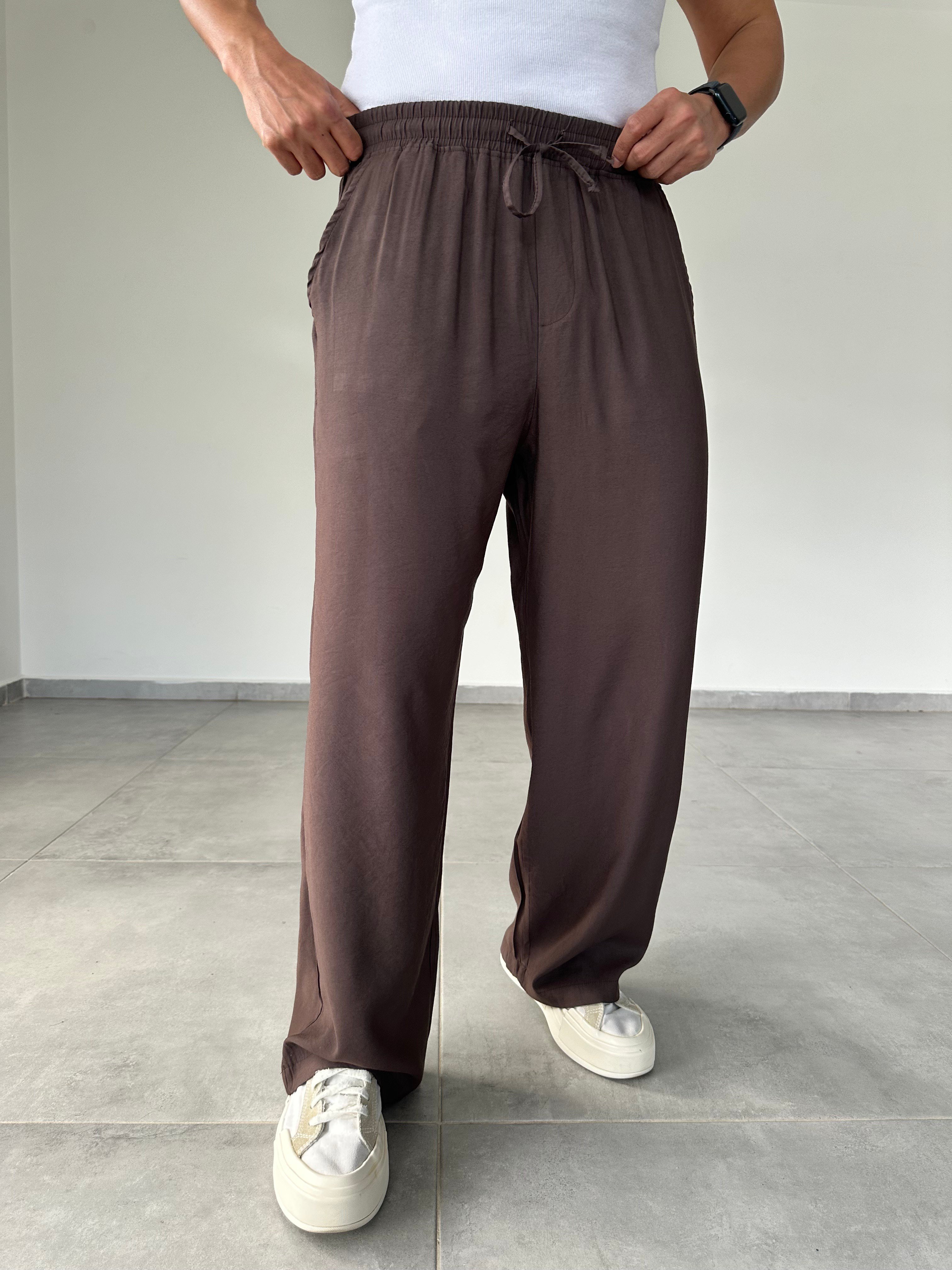 Modal Kumaş Çift Cep Detaylı Kahve Renk Basic Baggy Pantolon