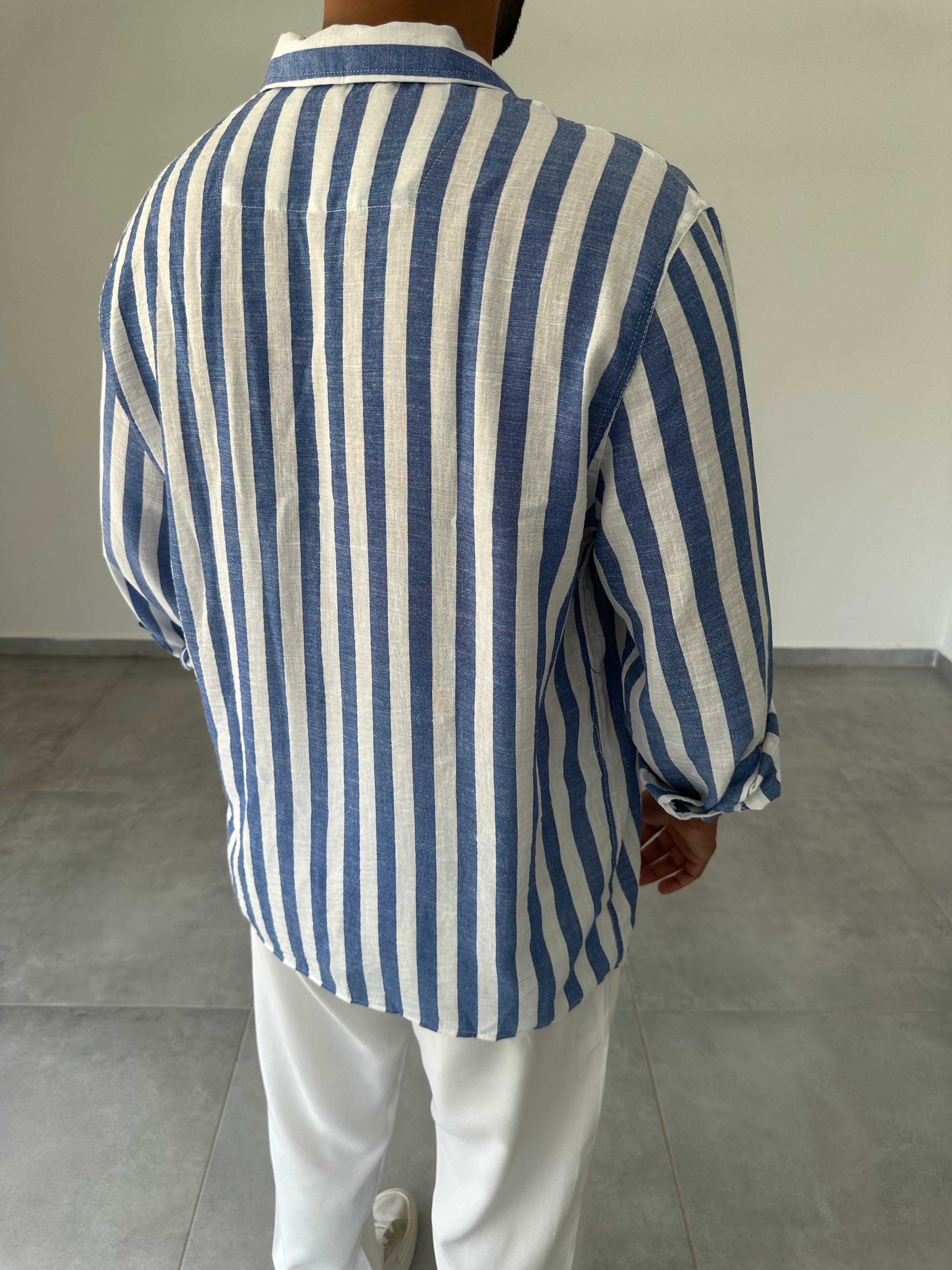 Bodrum Mavisi Çizgili Oversize Keten Gömlek