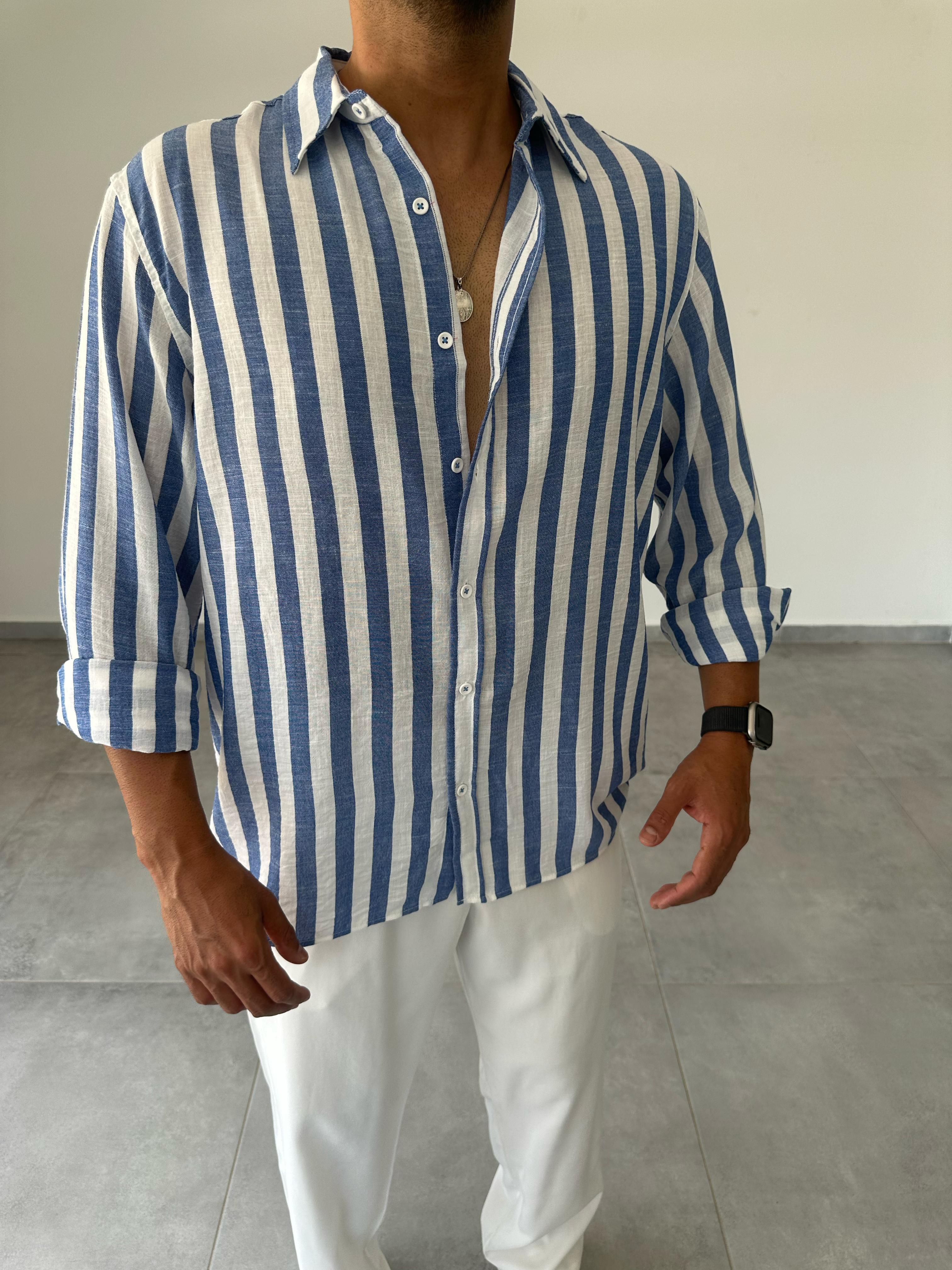 Bodrum Mavisi Çizgili Oversize Keten Gömlek