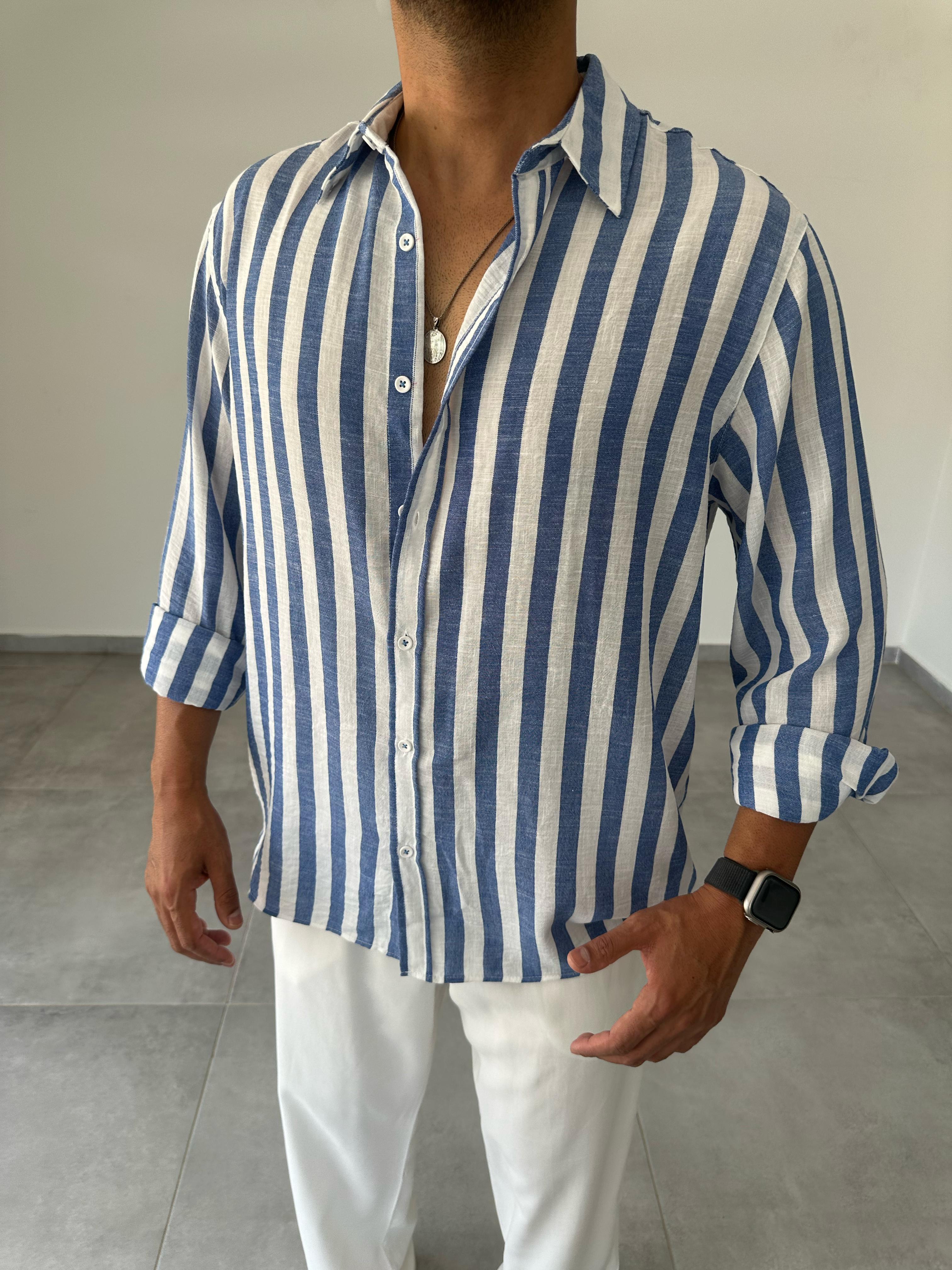 Bodrum Mavisi Çizgili Oversize Keten Gömlek