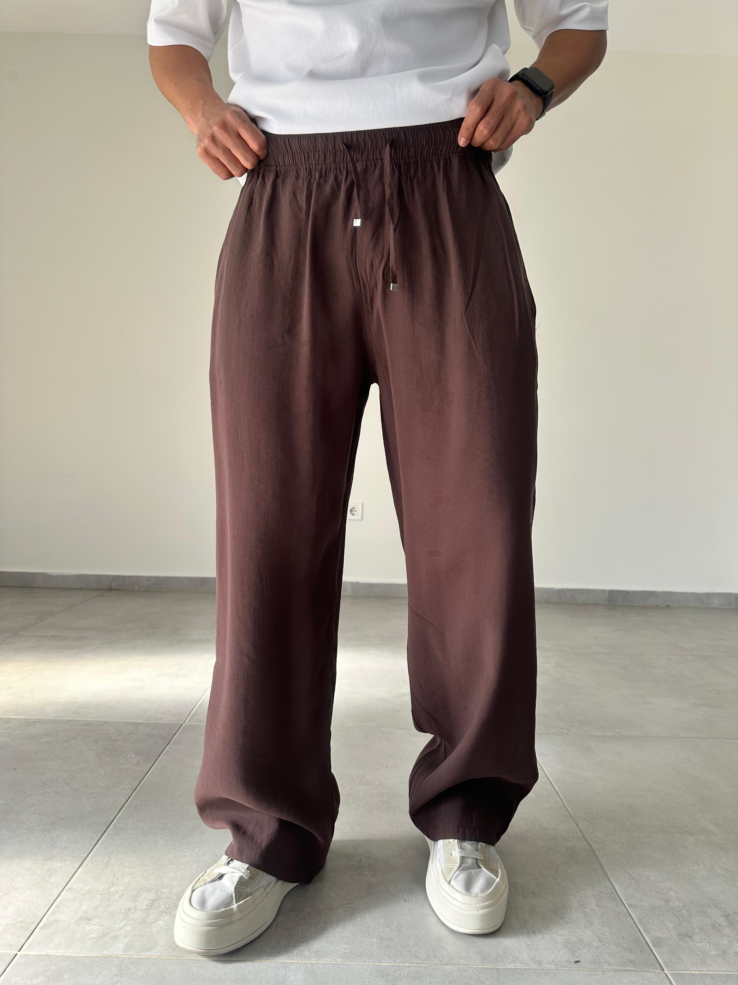Tensel Kumaş Kahve Renk Rahat Kesim İnce Baggy Pantolon