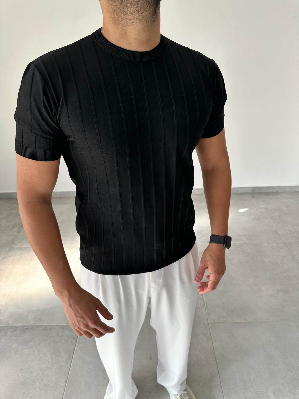 Şerit Detaylı Siyah Renk Basic T-Shirt