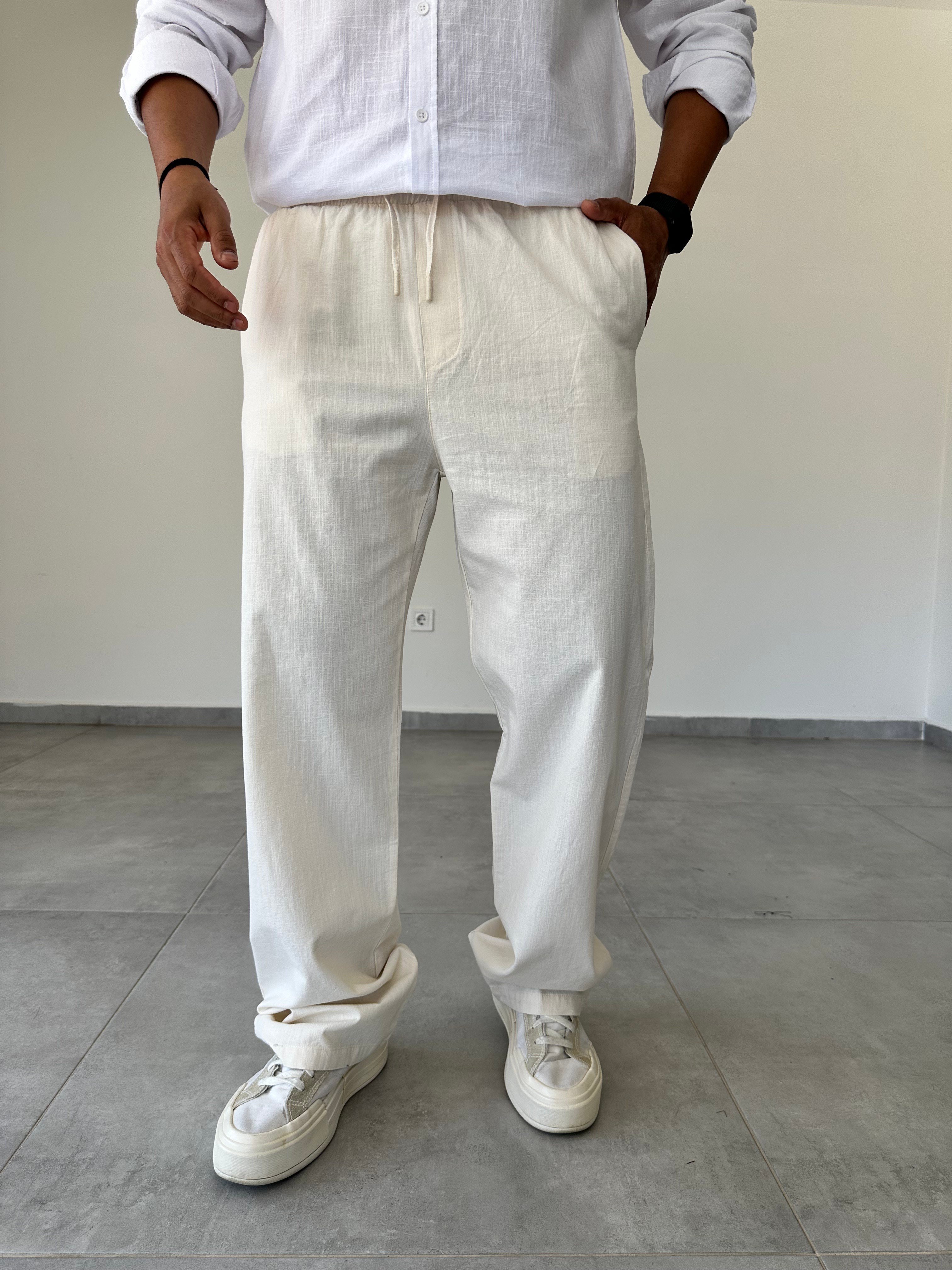 Bej Renk Bel Kısmı Lastikli Basic Baggy Keten Pantolon