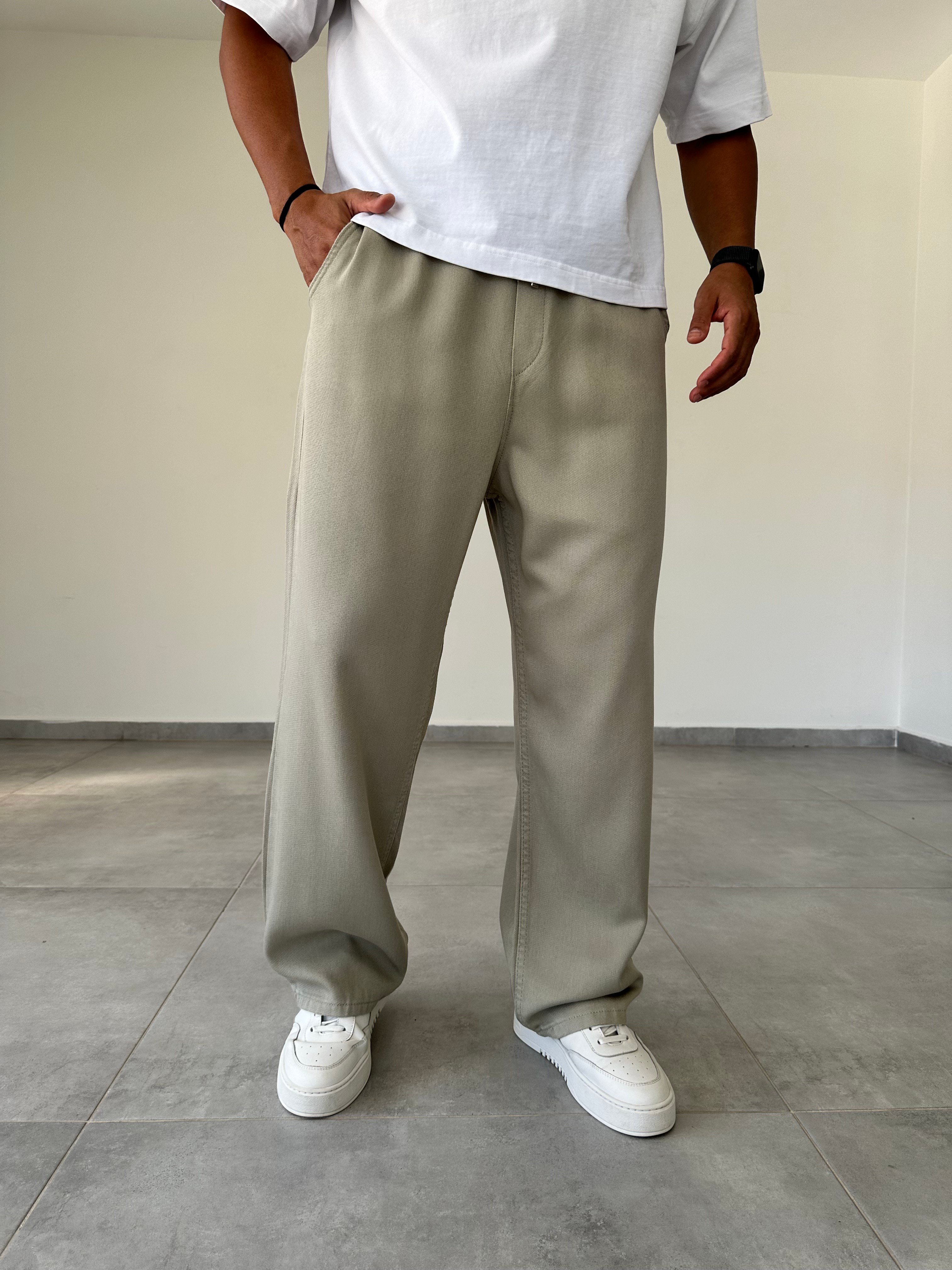 Yeşil Renk Rahat Kesim Gabardin Baggy Pantolon
