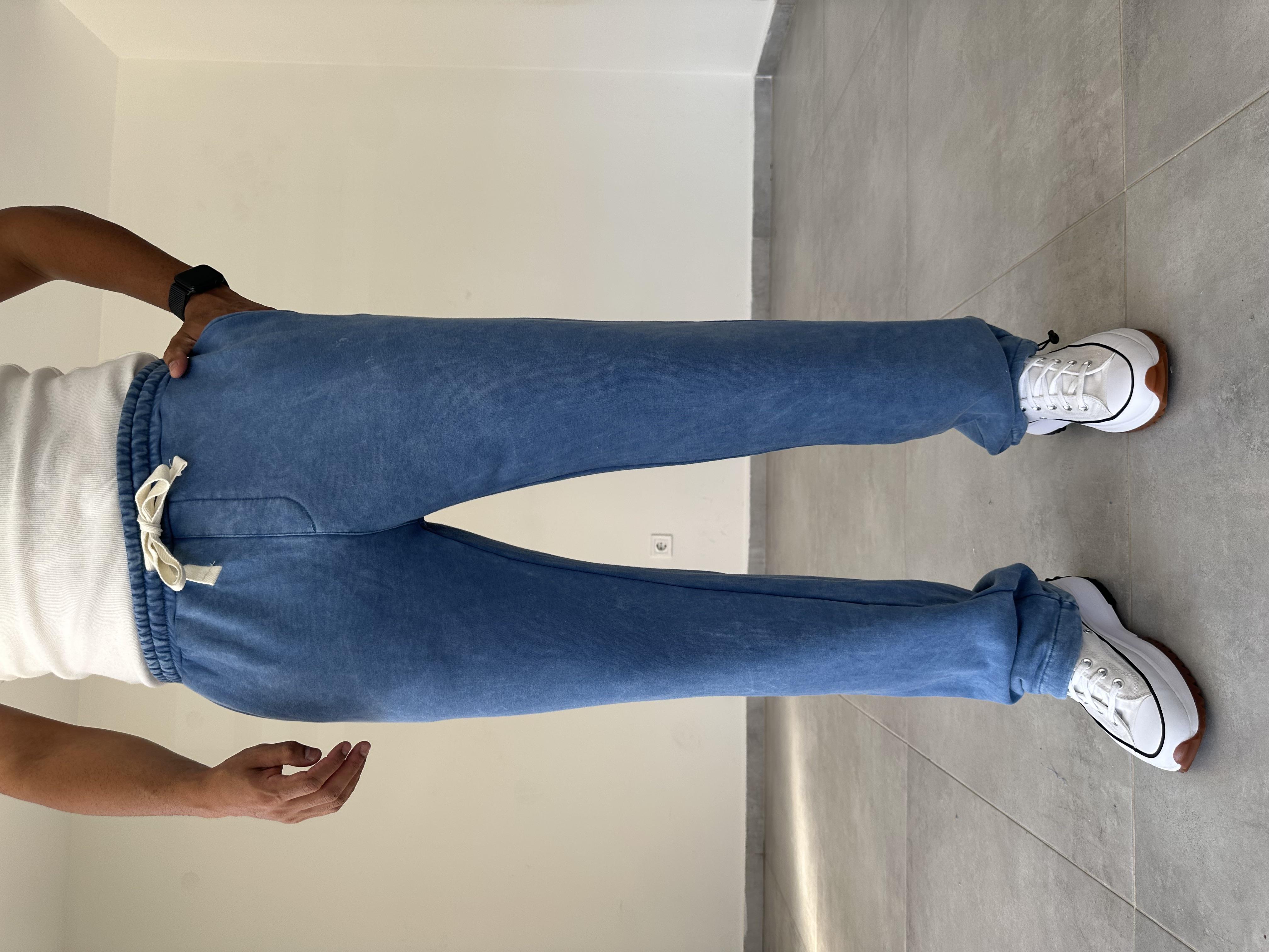 Mavi Renk Yıkamalı Kumaş Paça Kısmı Stoperli Baggy Eşofman