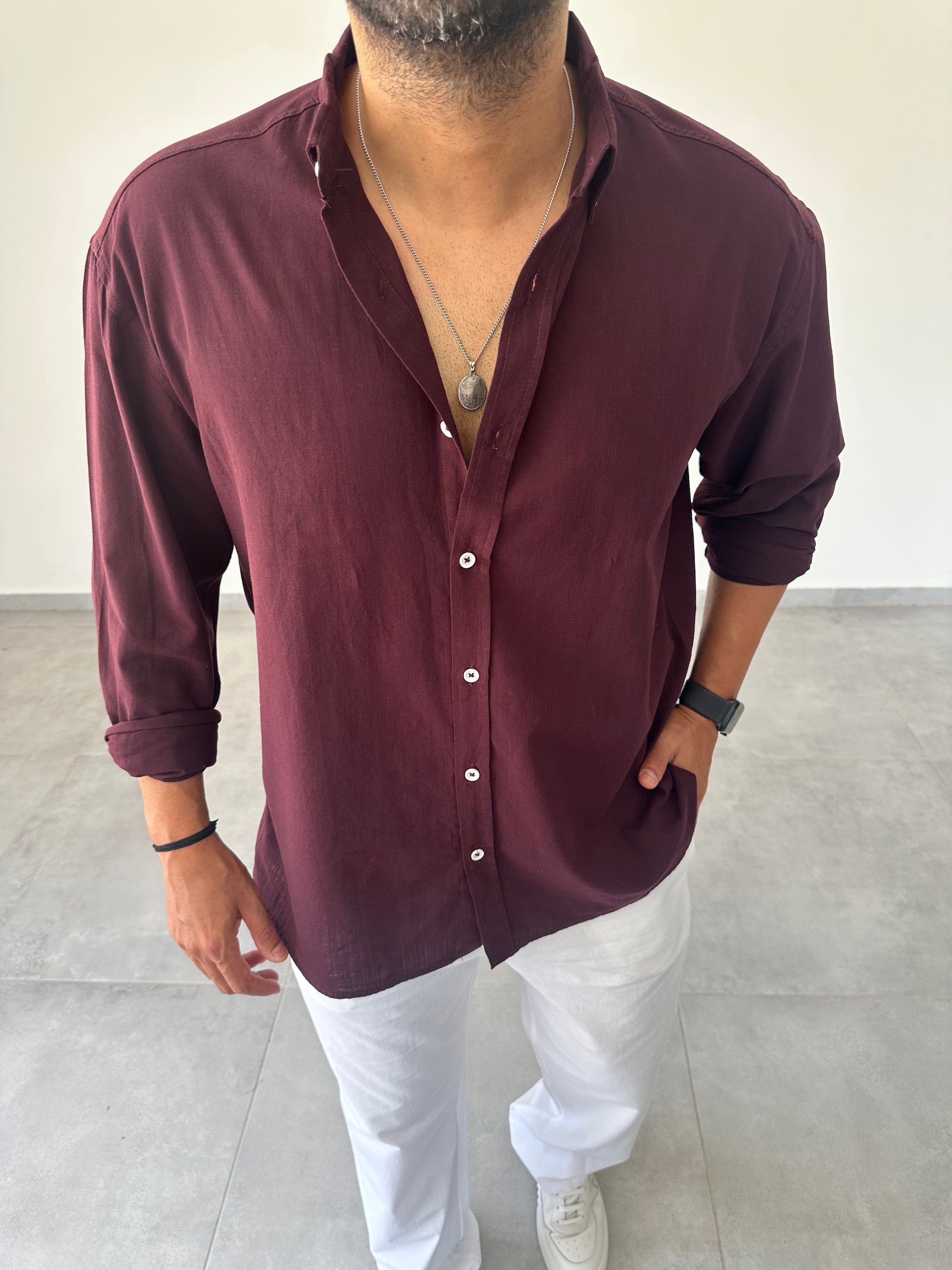 Mürdüm Renk Oversize Kesim Fresh Keten Gömlek