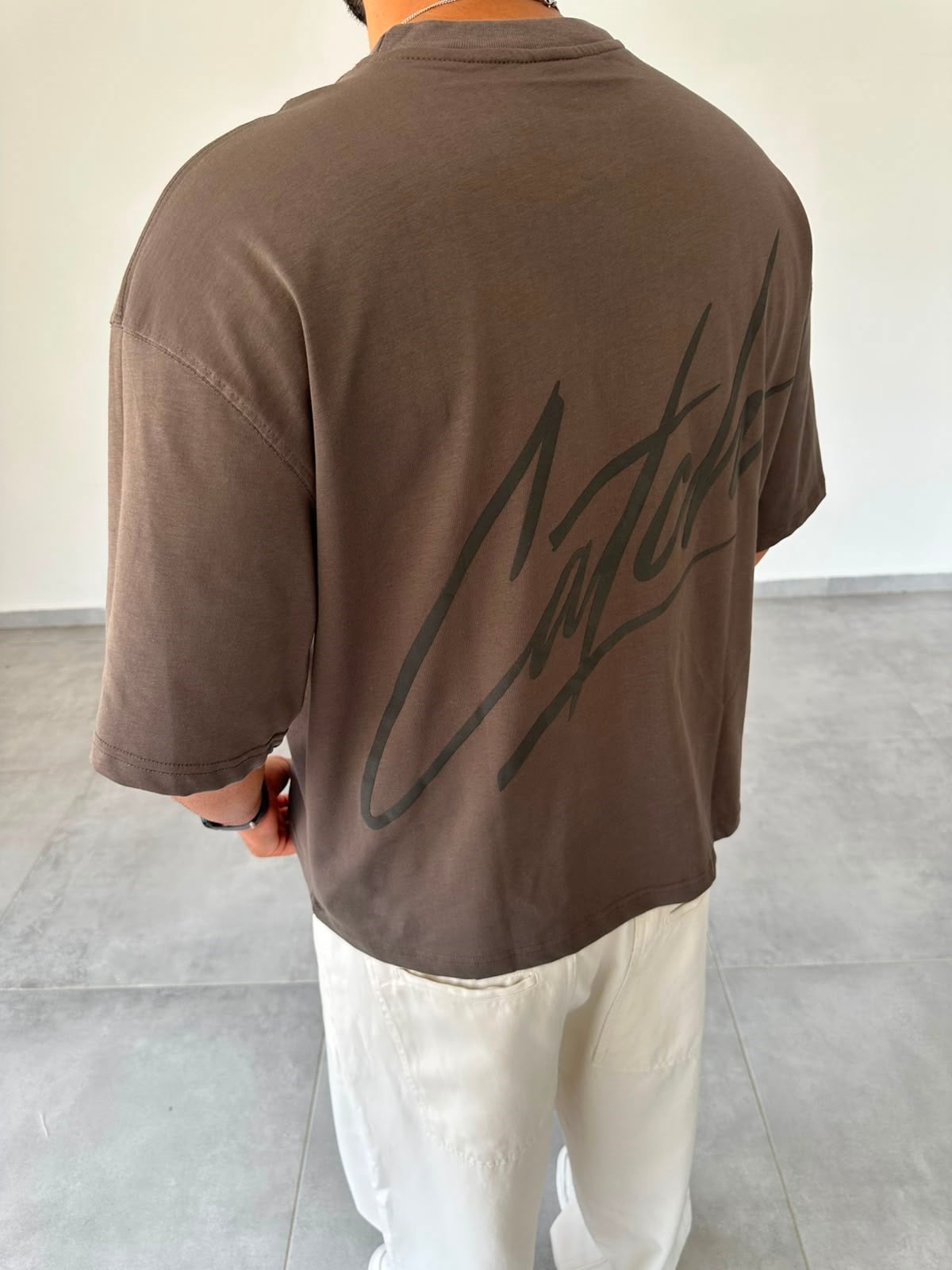Kahve Renk Catch Baskılı Crop Fit Oversize T-Shirt